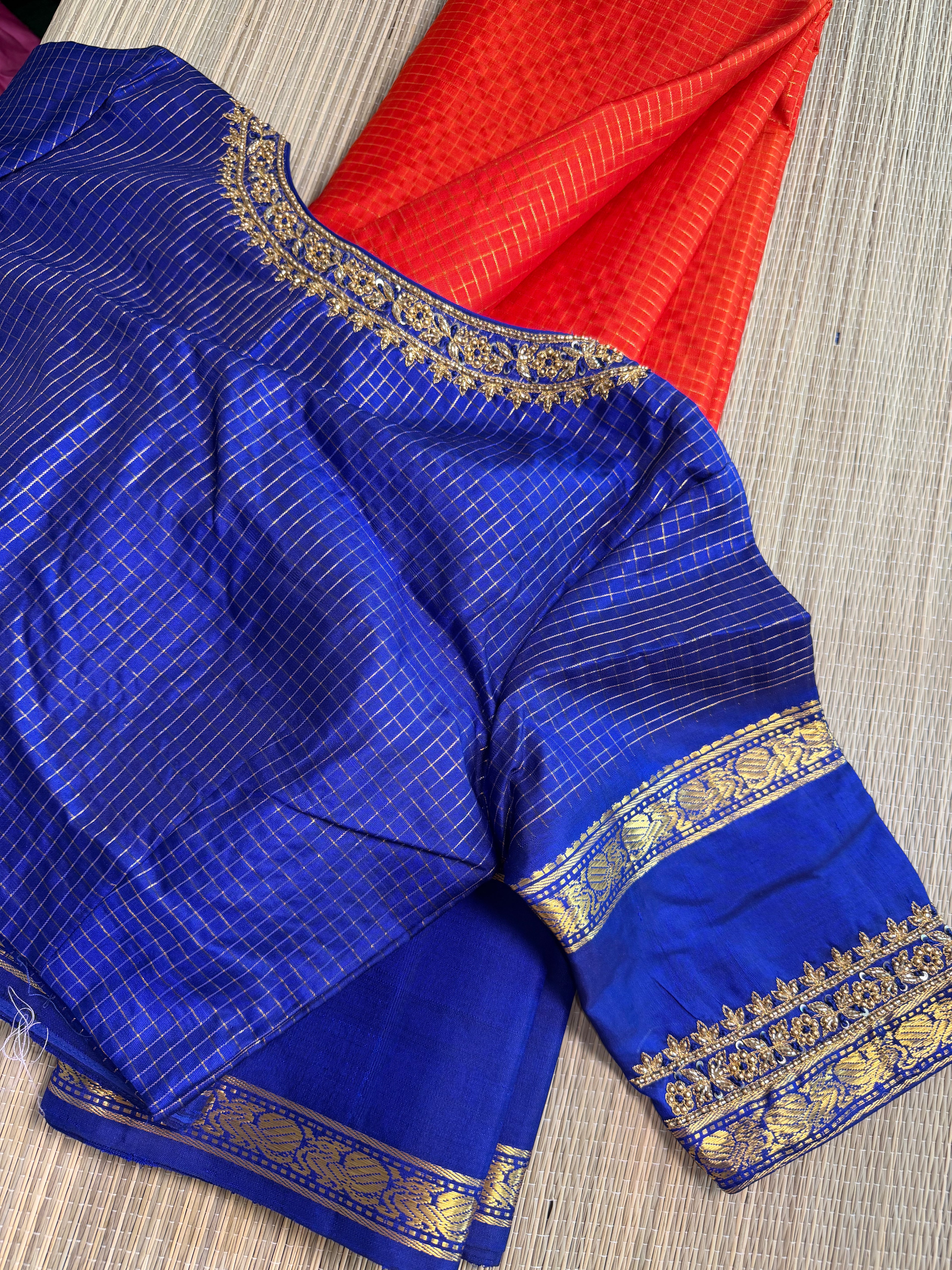 Orange & Blue Kanchipuram Silk Saree with Embroidered Blouse