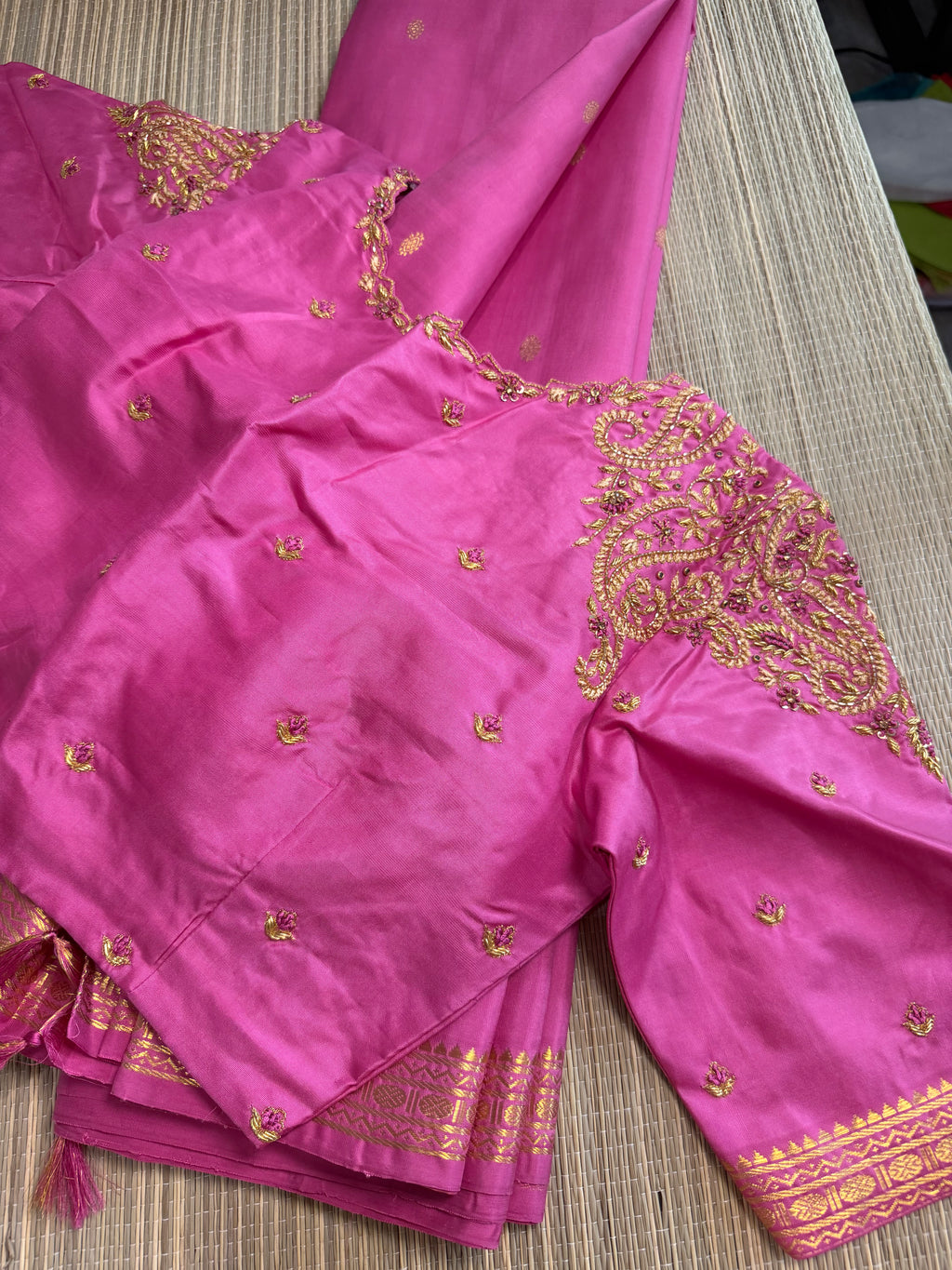 Pink Kanchipuram Silk Saree with Heavy Embroidered Blouse