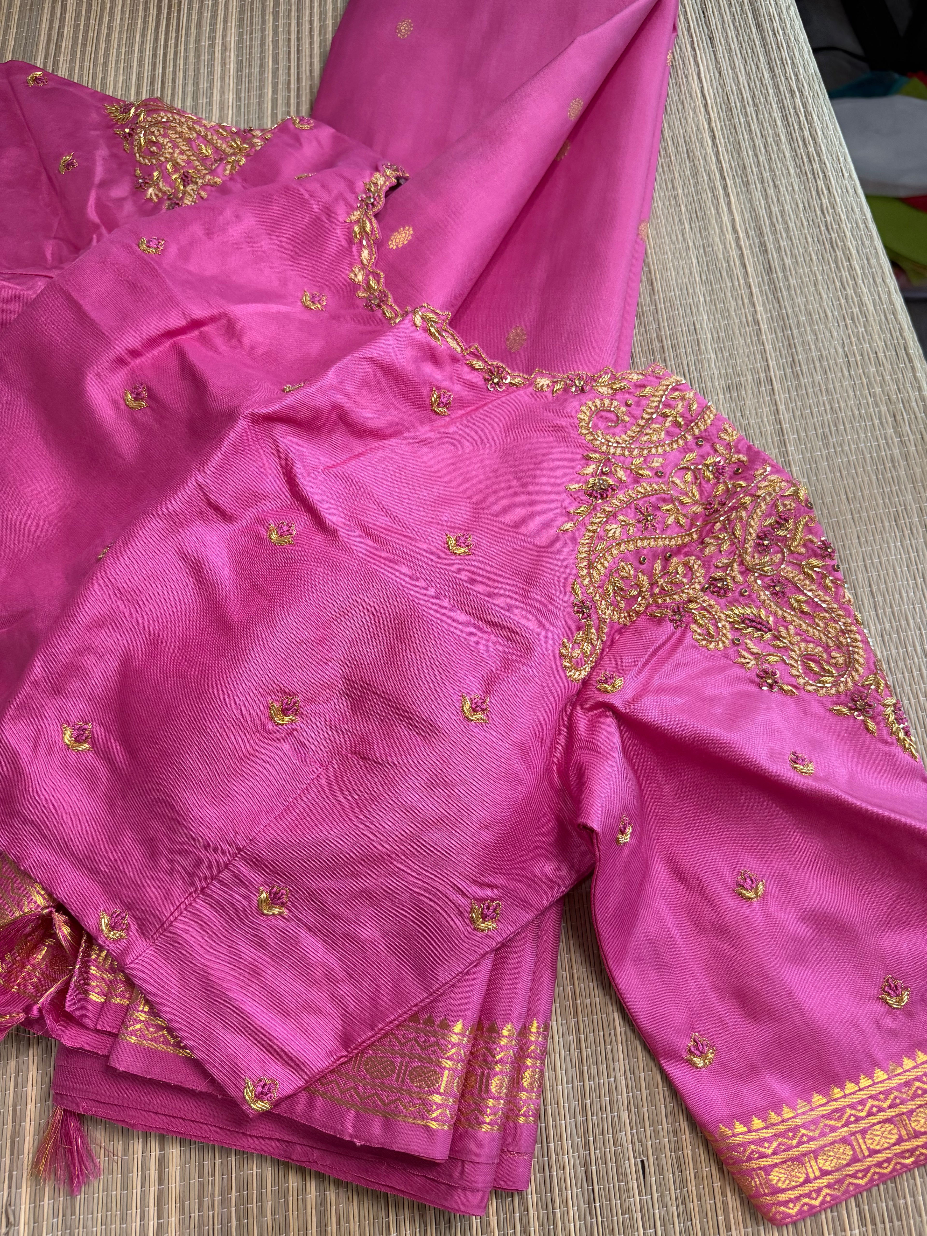Pink Kanchipuram Silk Saree with Heavy Embroidered Blouse