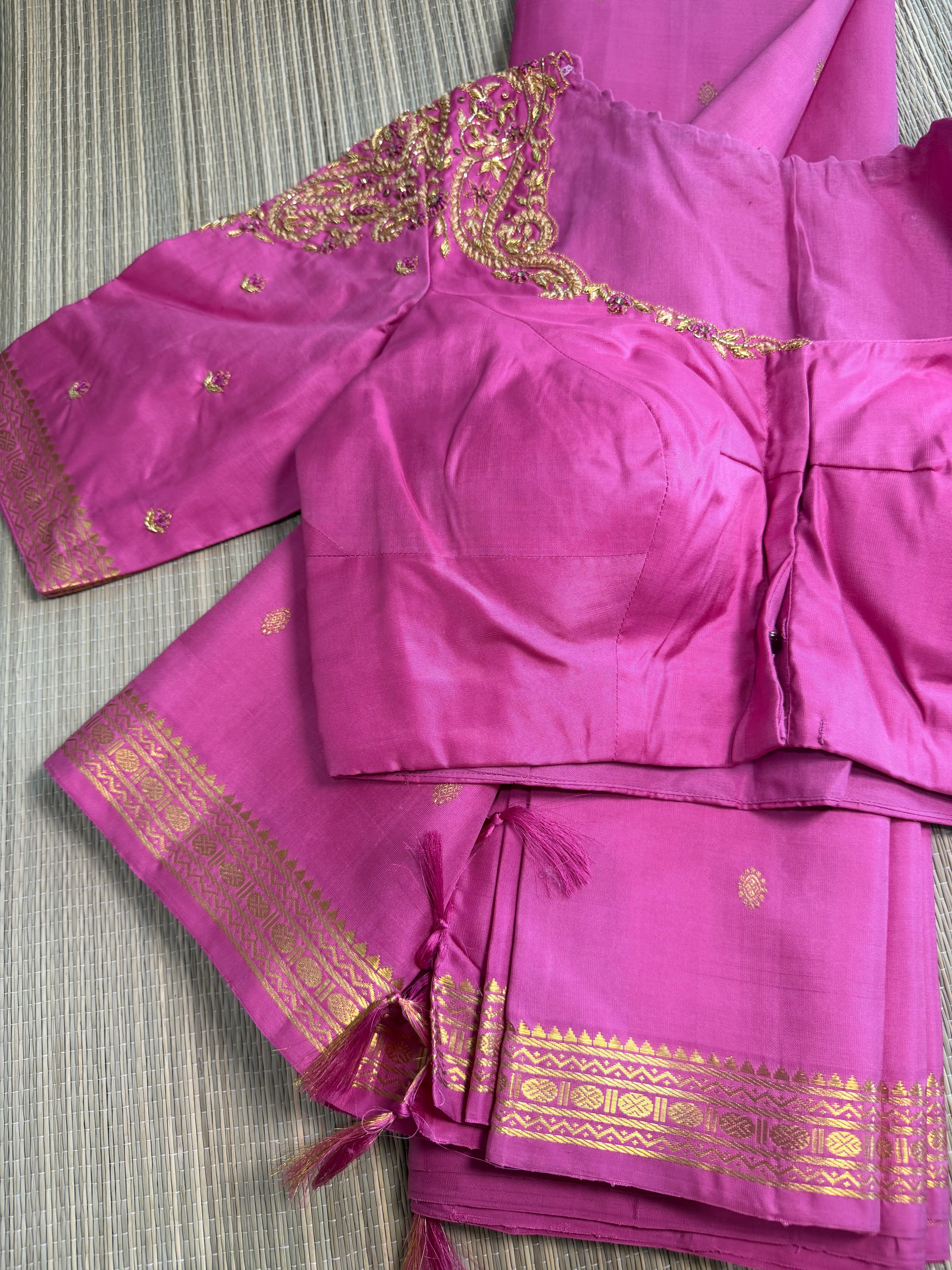 Pink Kanchipuram Silk Saree with Heavy Embroidered Blouse