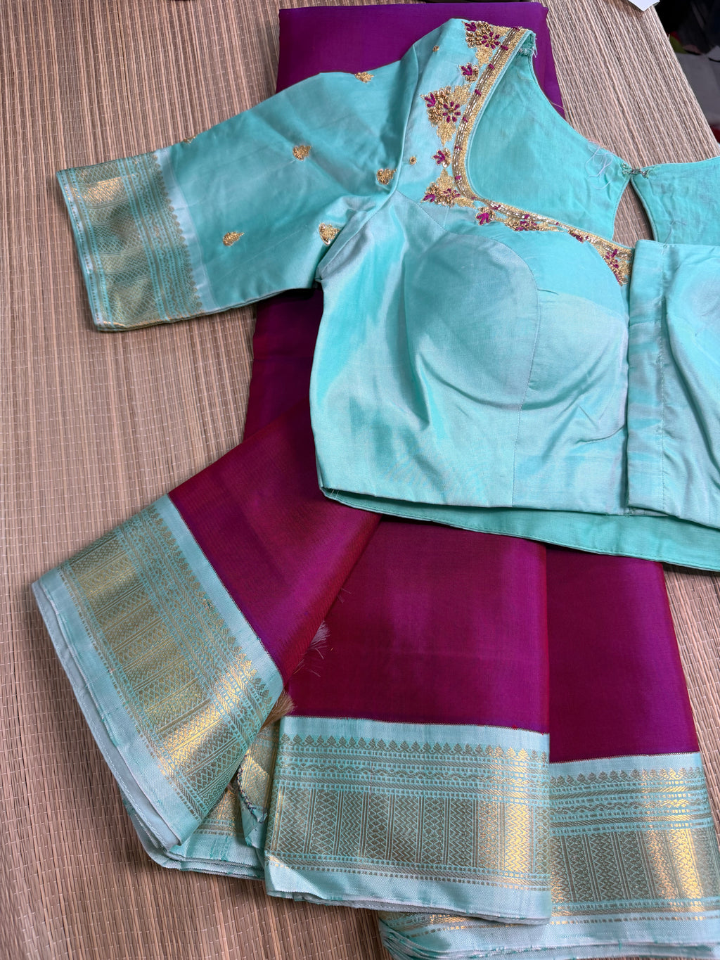 Magenta Pink Kanchipuram Silk Saree with Embroidered Blouse