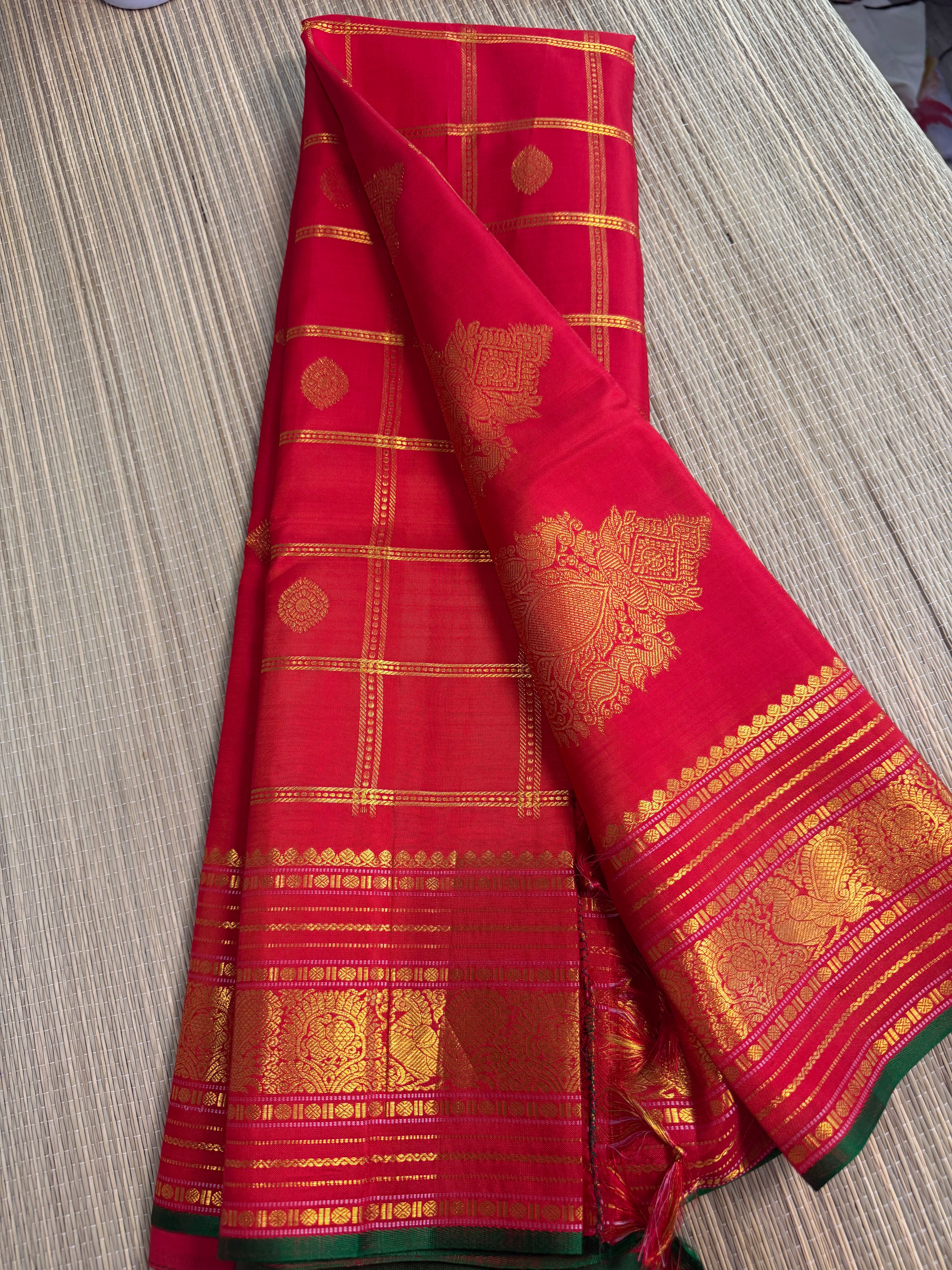 Red Checked Kanchipuram Silk Saree with Embroidered Blouse