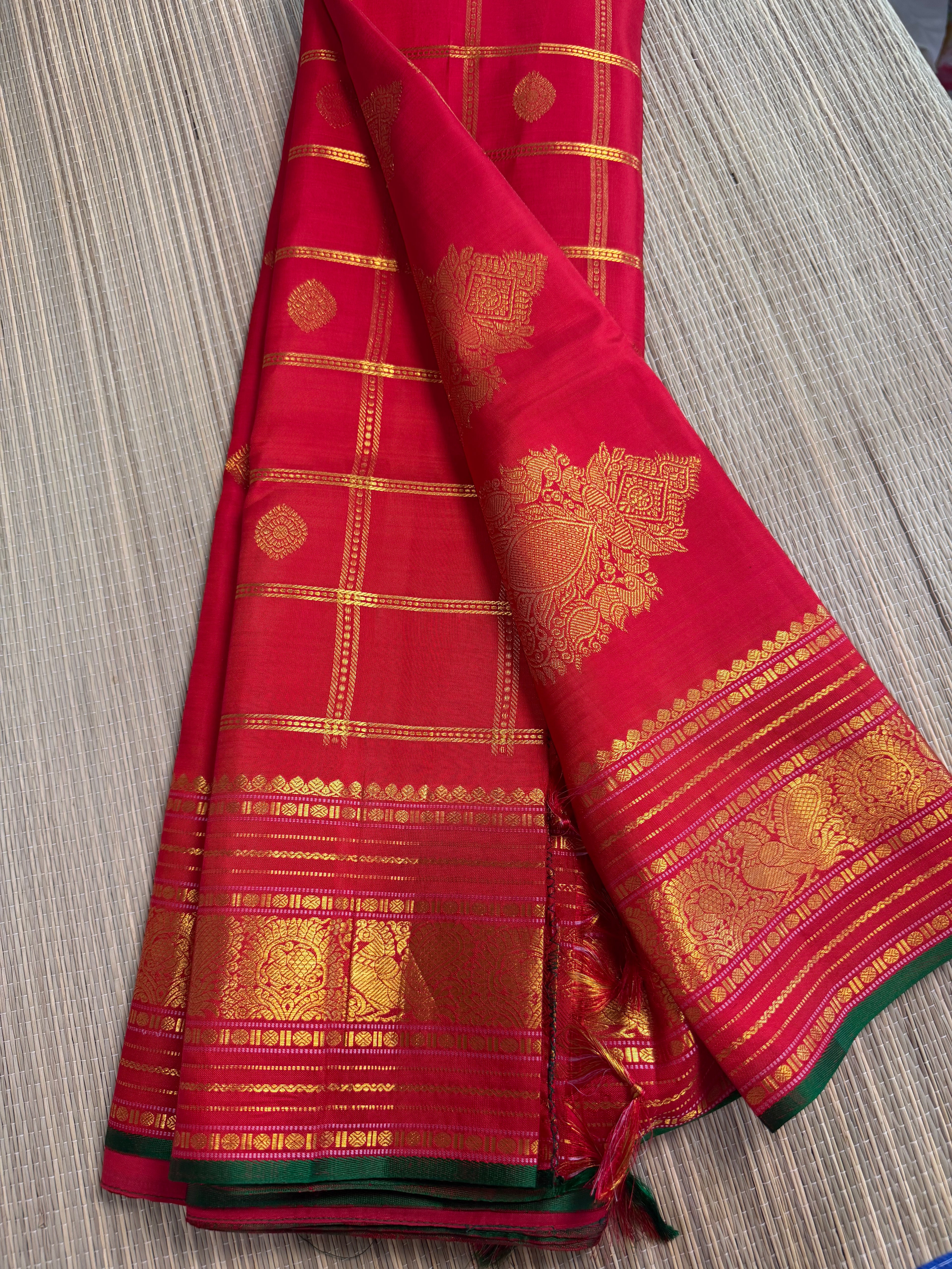 Red Checked Kanchipuram Silk Saree with Embroidered Blouse