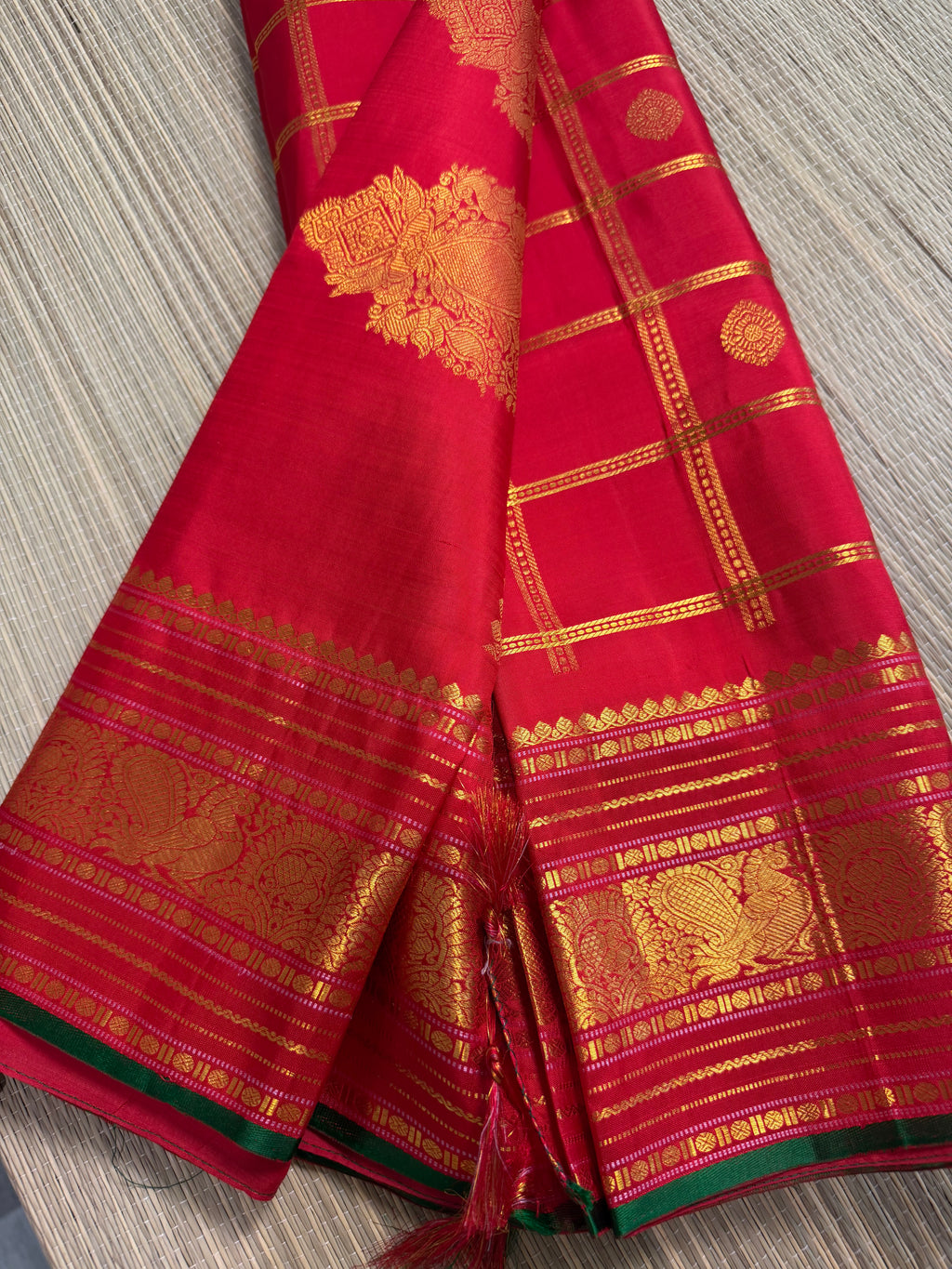 Red Checked Kanchipuram Silk Saree with Embroidered Blouse