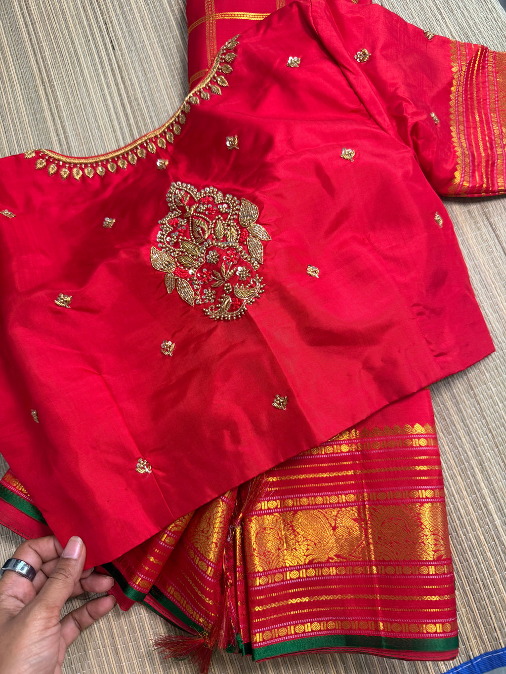 Red Checked Kanchipuram Silk Saree with Embroidered Blouse