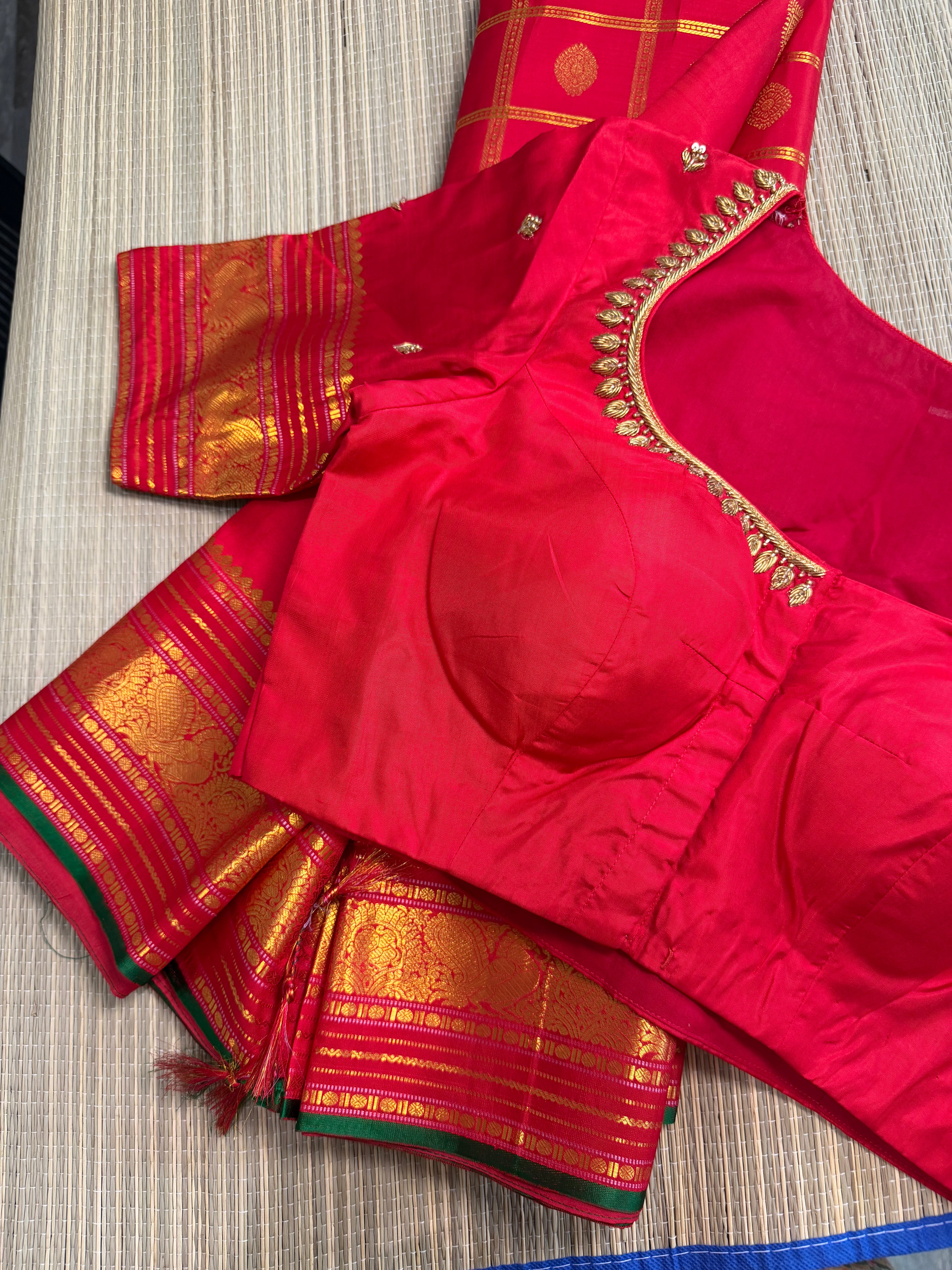 Red Checked Kanchipuram Silk Saree with Embroidered Blouse