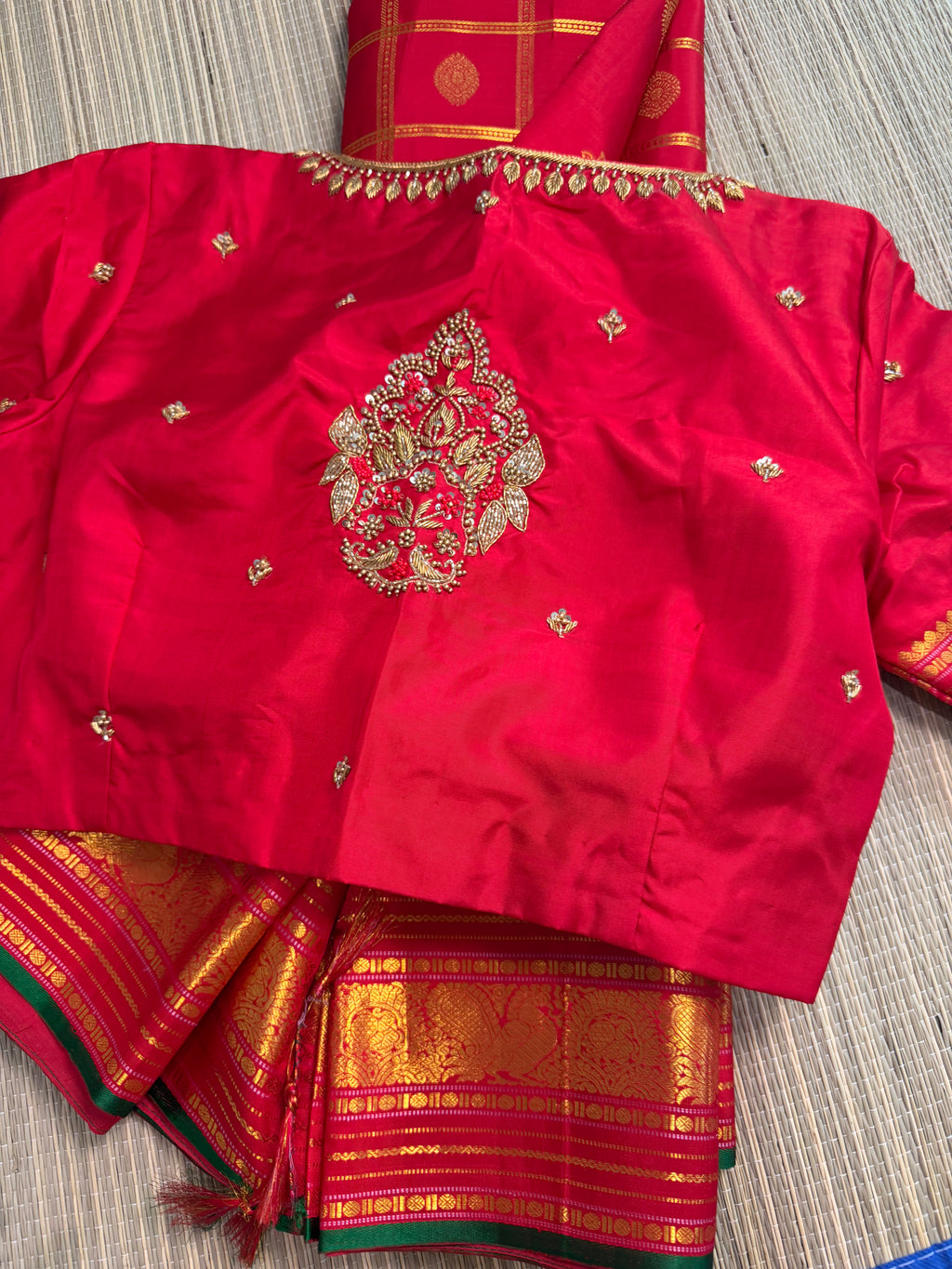 Red Checked Kanchipuram Silk Saree with Embroidered Blouse