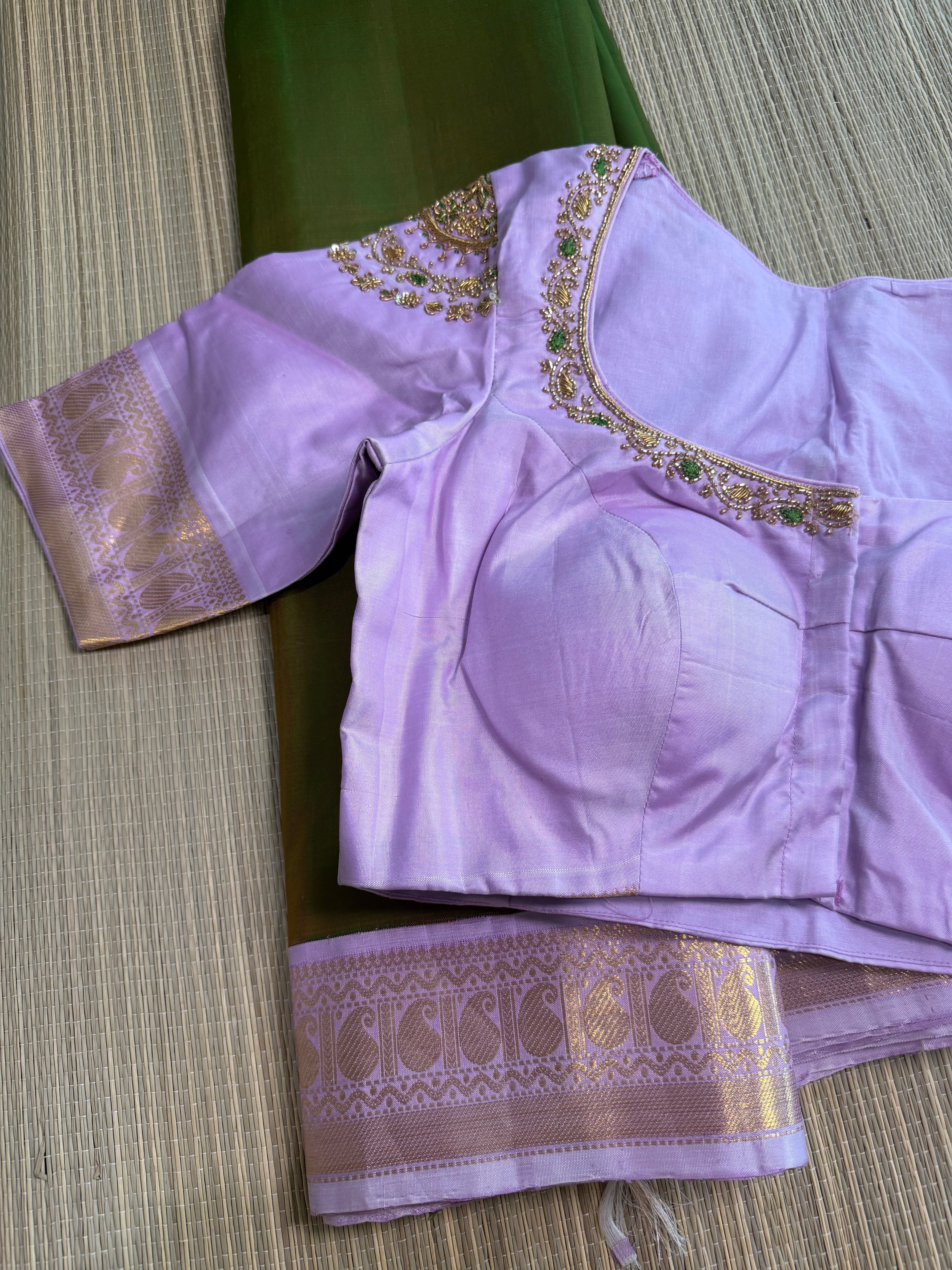 Mehendi Green Kanchipuram Silk Saree with Embroidered Blouse