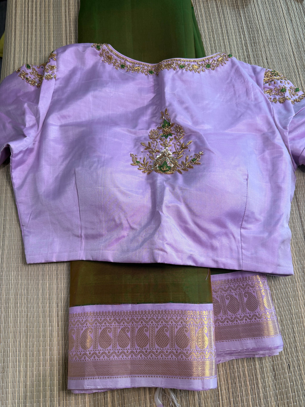 Mehendi Green Kanchipuram Silk Saree with Embroidered Blouse