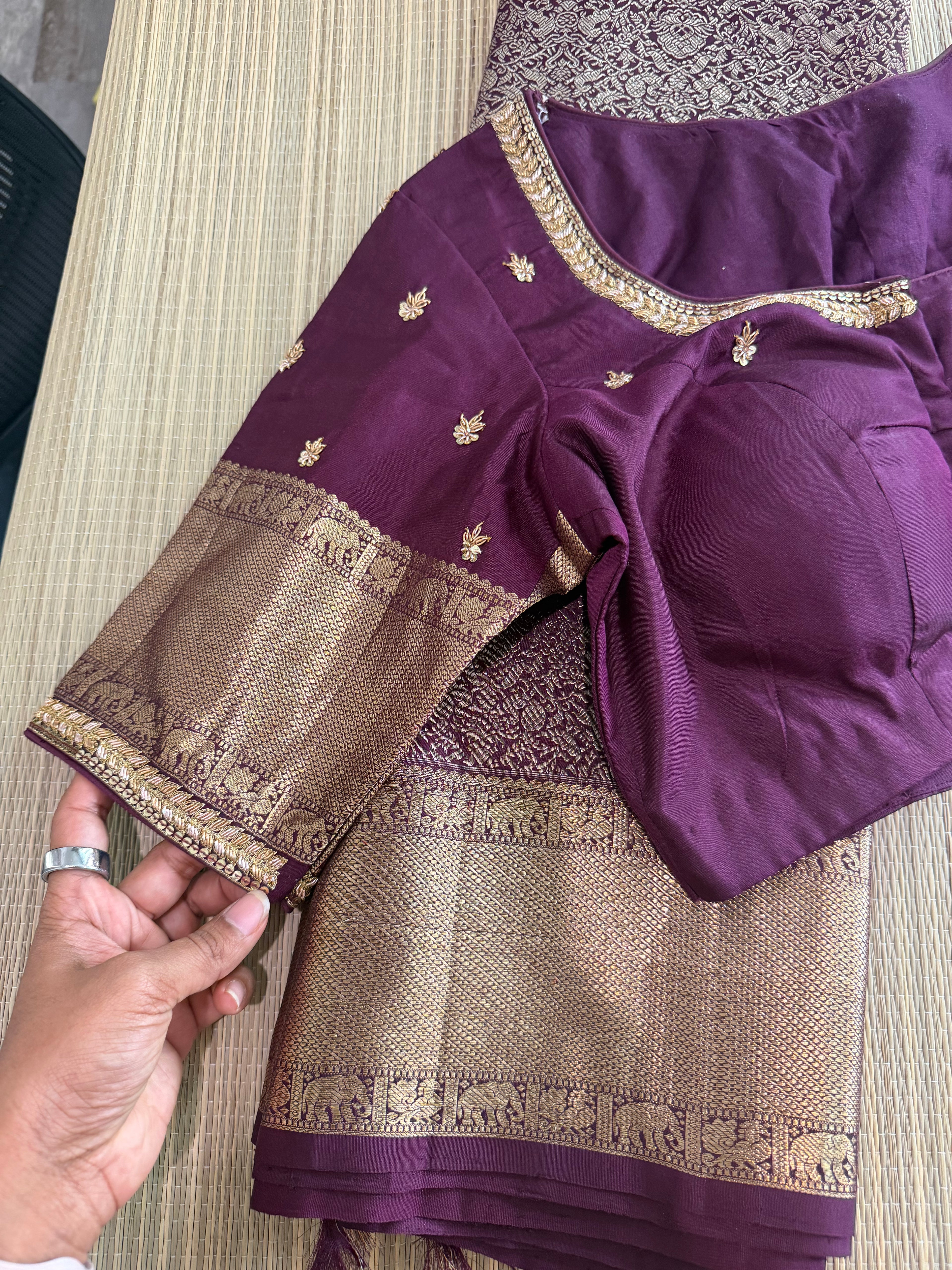 Wine Kanchipuram Silk Saree with Embroidered Blouse
