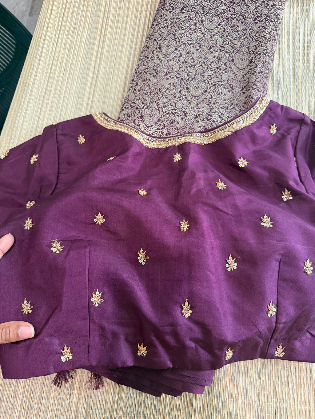 Wine Kanchipuram Silk Saree with Embroidered Blouse