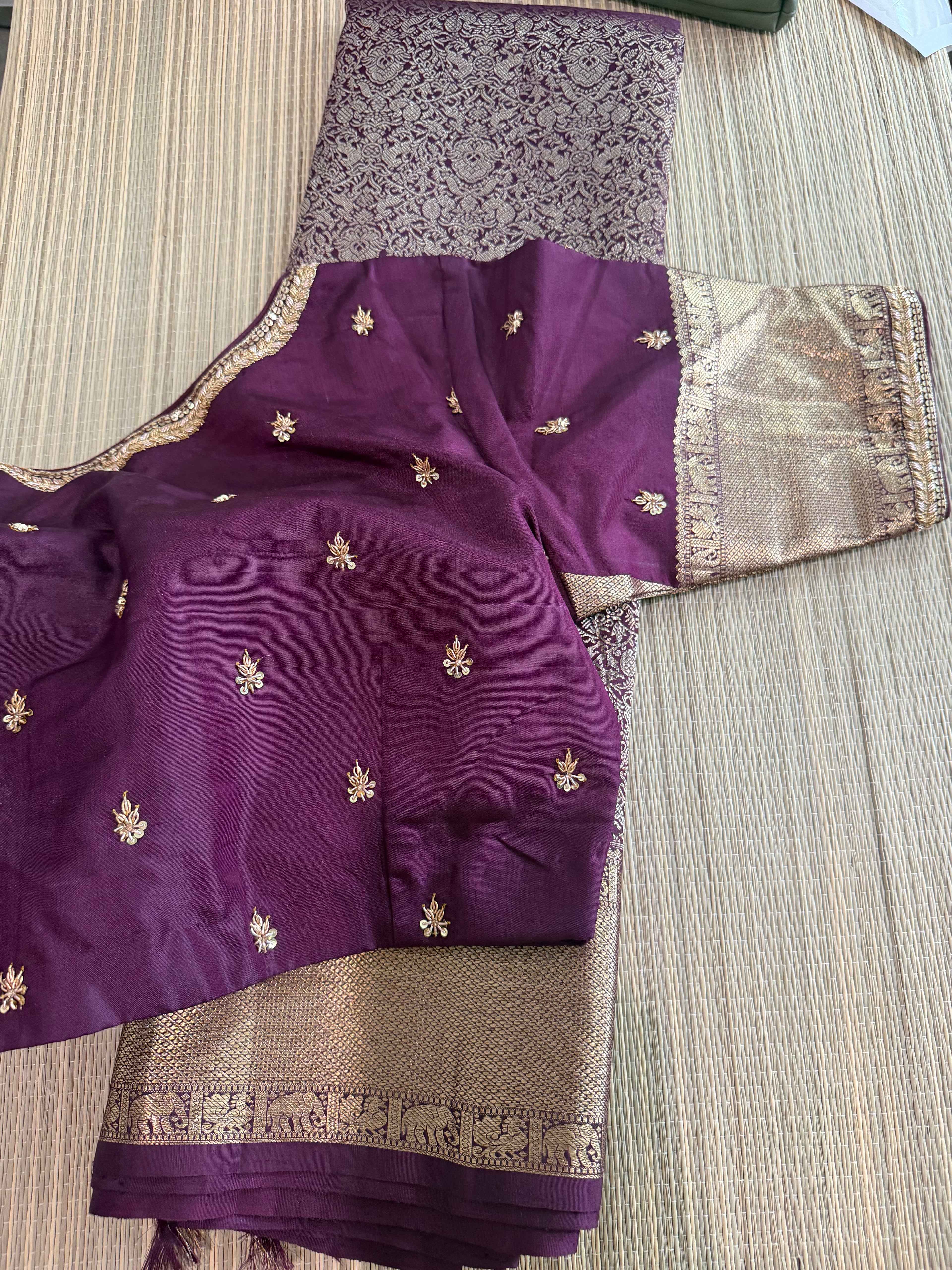 Wine Kanchipuram Silk Saree with Embroidered Blouse