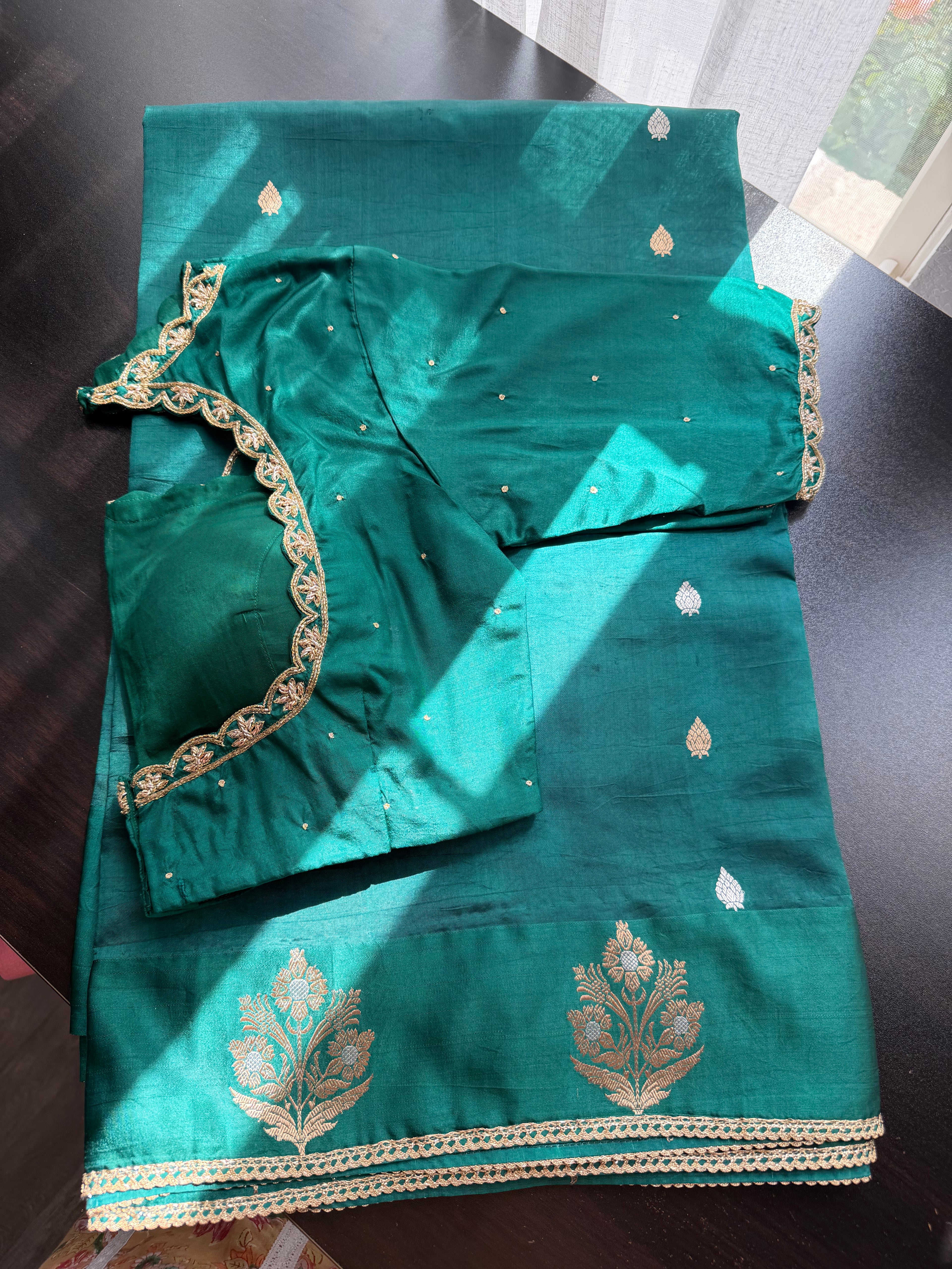 Bottle Green Benarasi Saree with Embroidered Blouse
