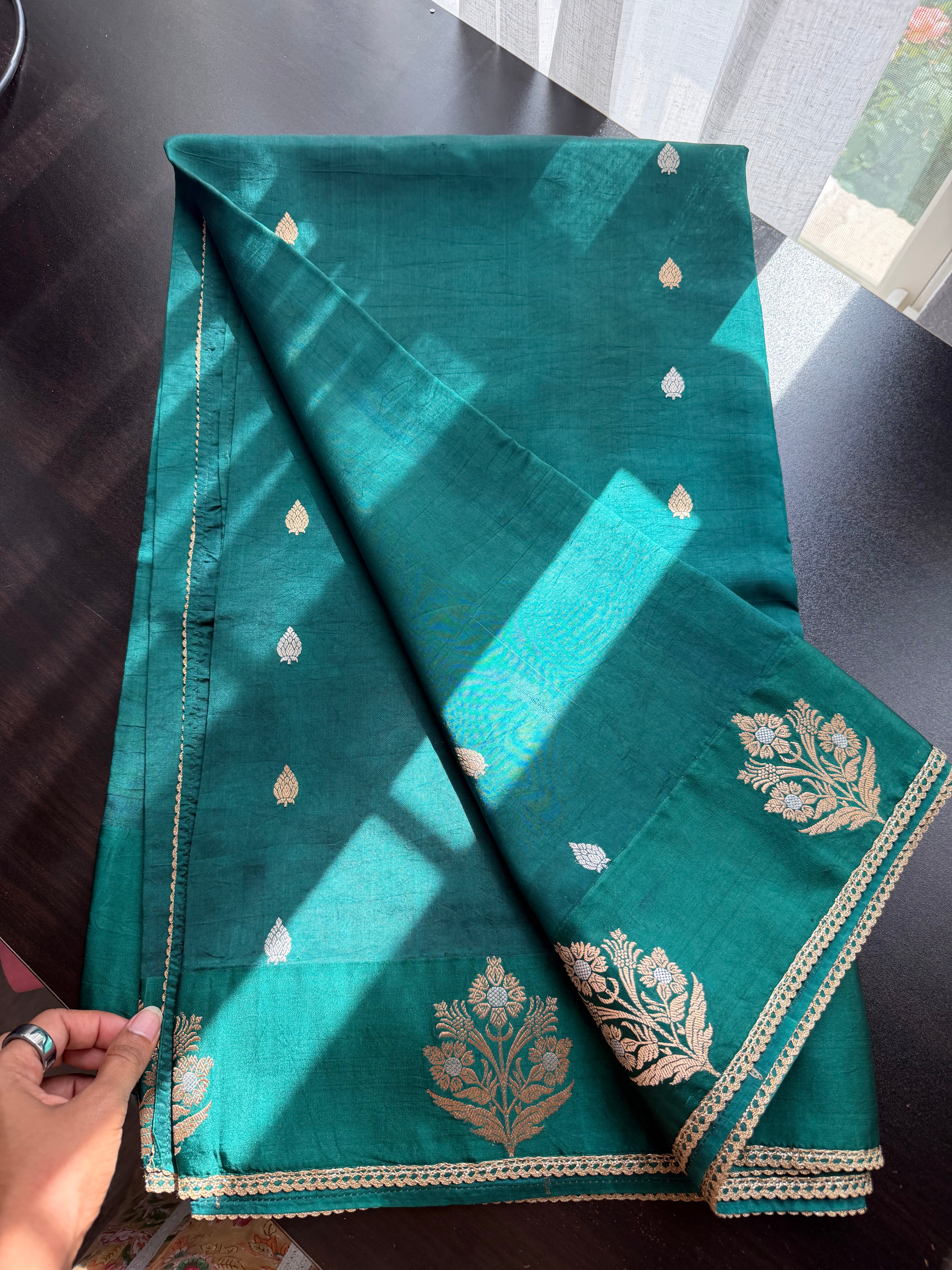 Bottle Green Benarasi Saree with Embroidered Blouse