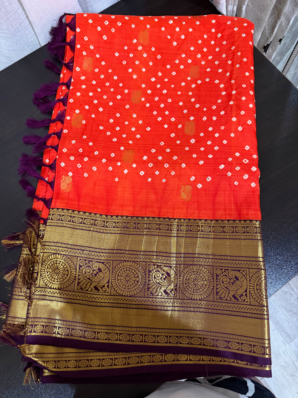 Kanchi Bandhini Saree with Embroidered Blouse -Orange