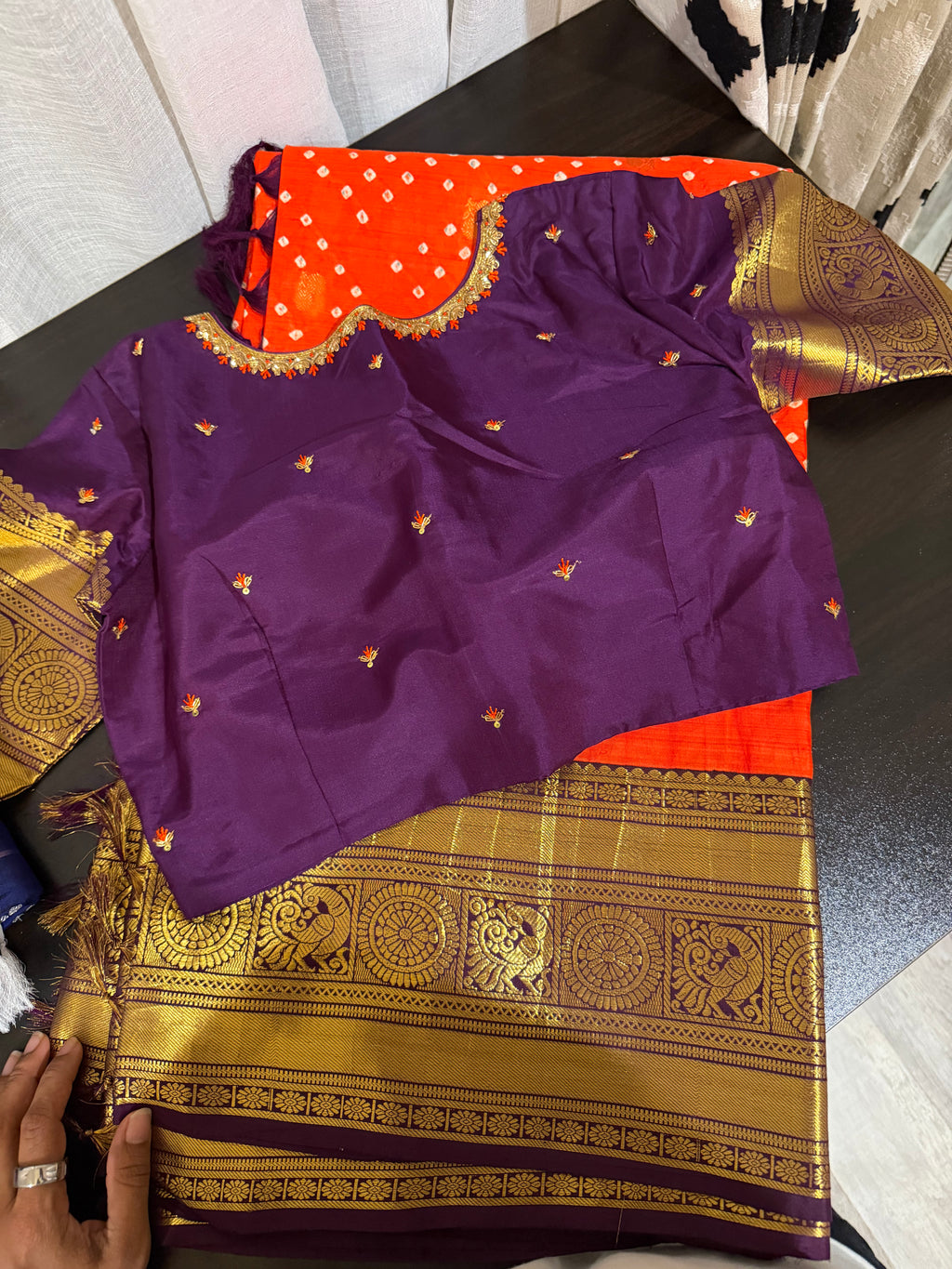 Kanchi Bandhini Saree with Embroidered Blouse -Orange