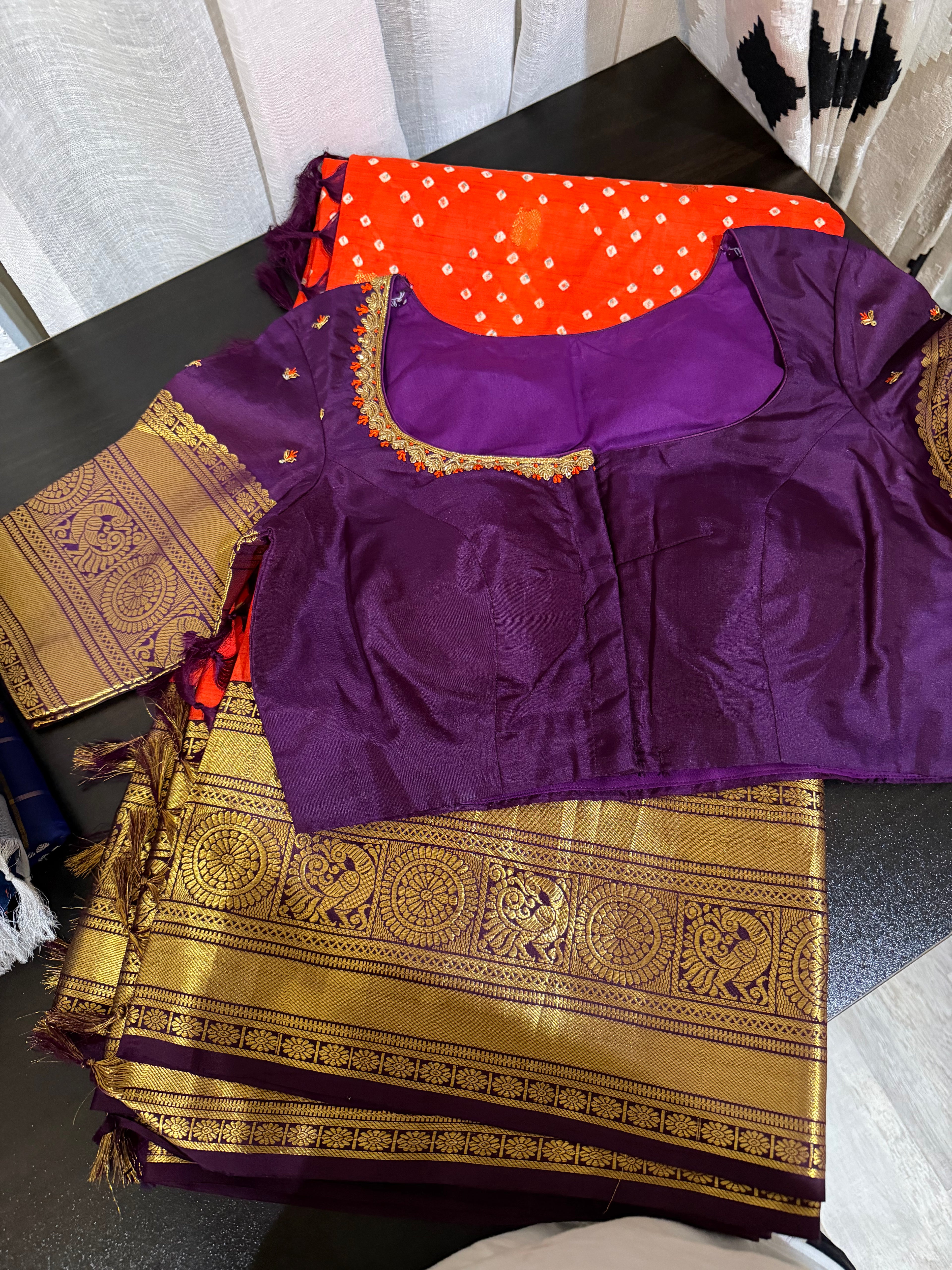 Kanchi Bandhini Saree with Embroidered Blouse -Orange