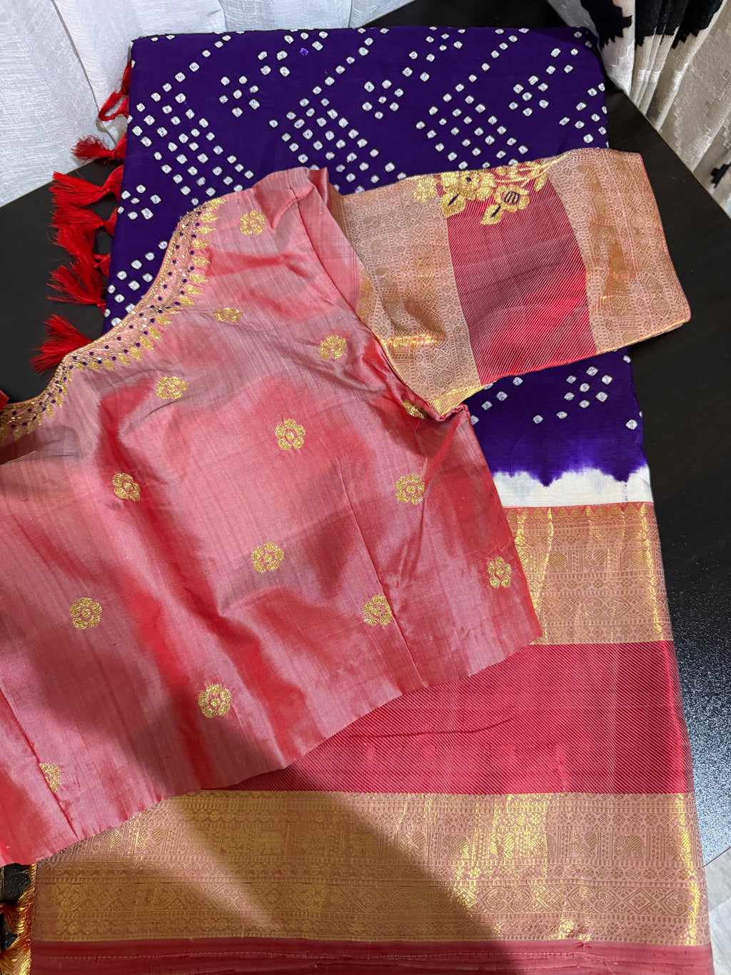 Kanchi Bandhini Saree with Embroidered Blouse - Violet