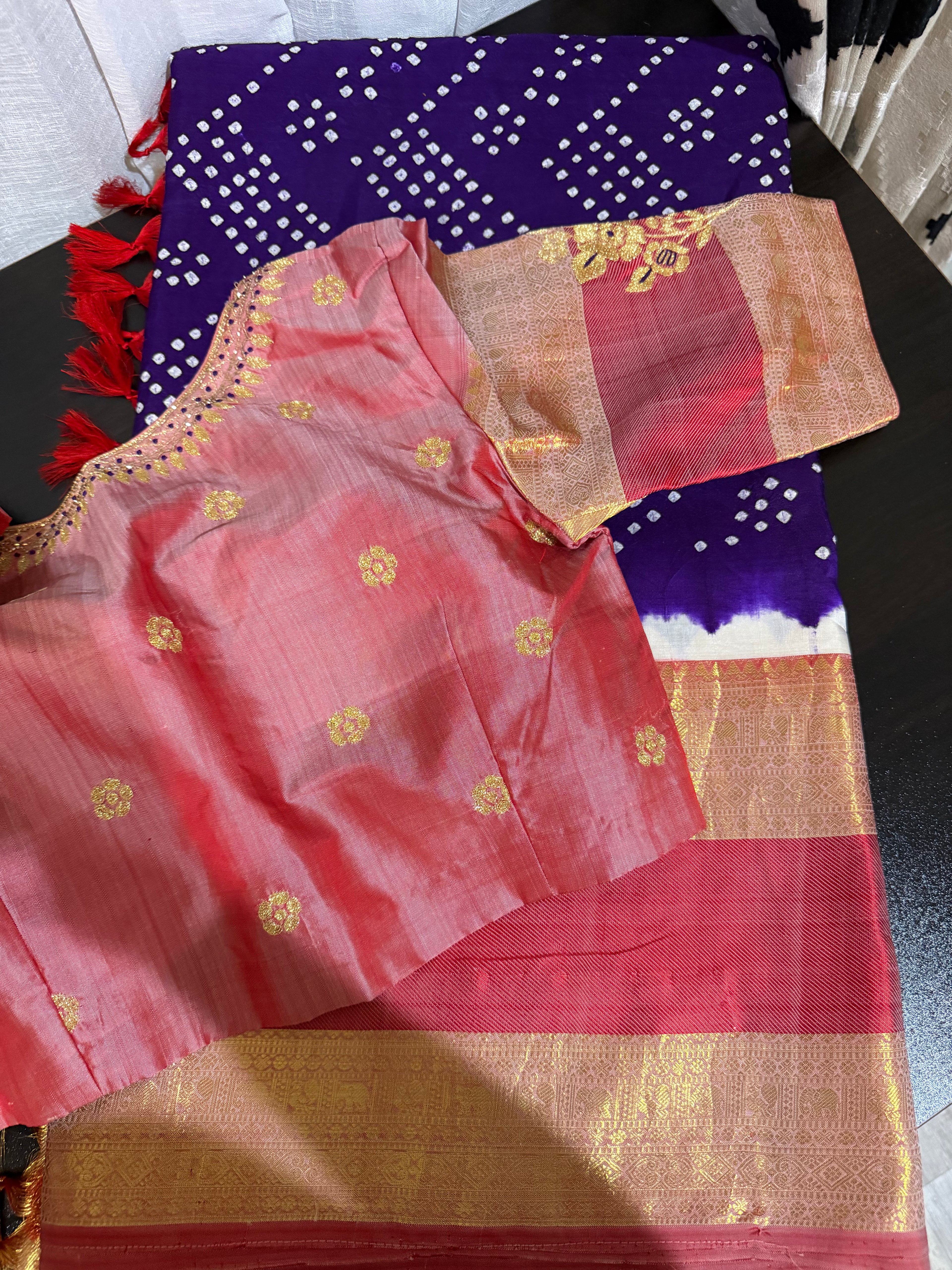 Kanchi Bandhini Saree with Embroidered Blouse - Violet