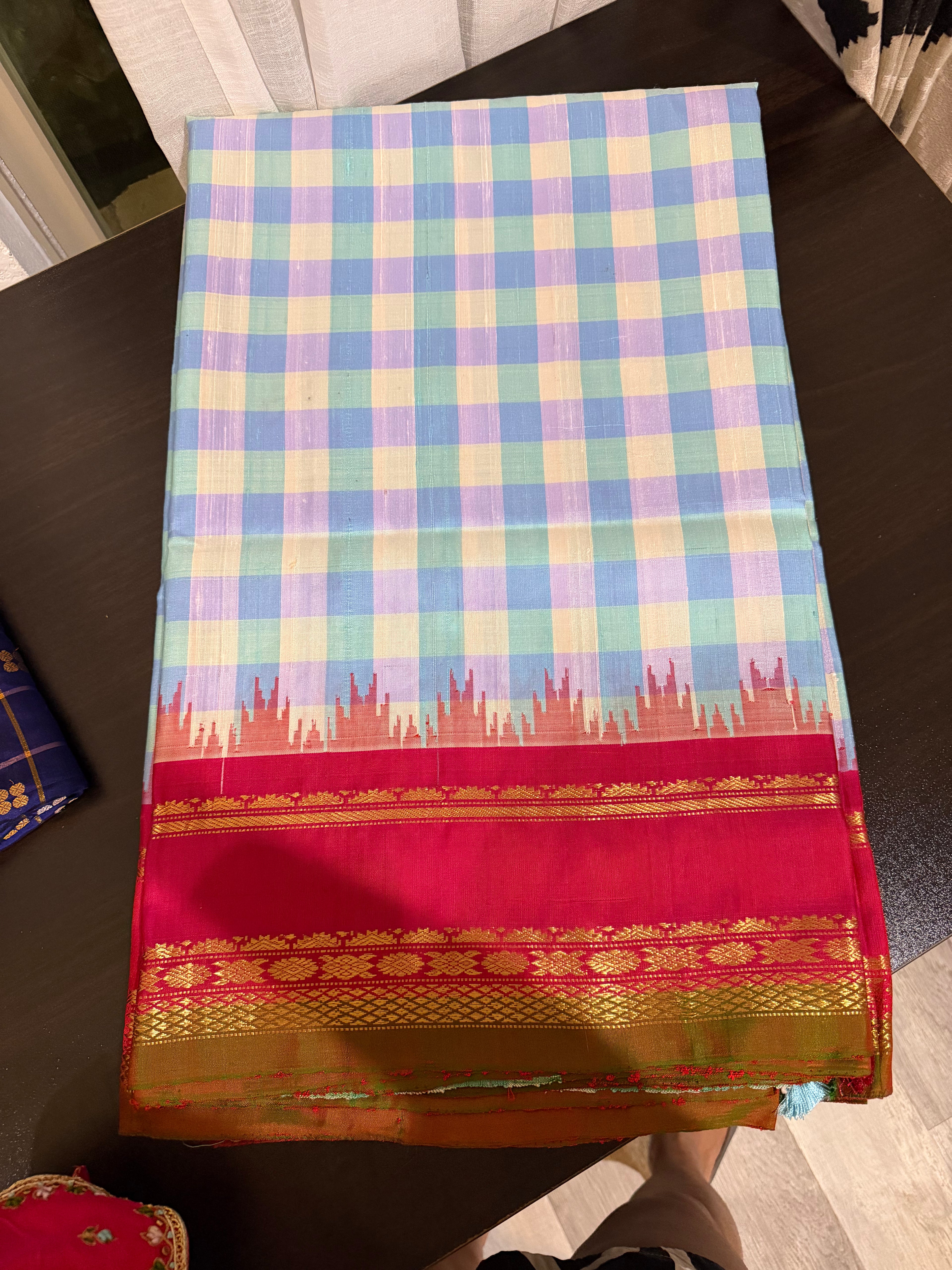 Checks Gadwal Silk Saree with Embroidered Blouse