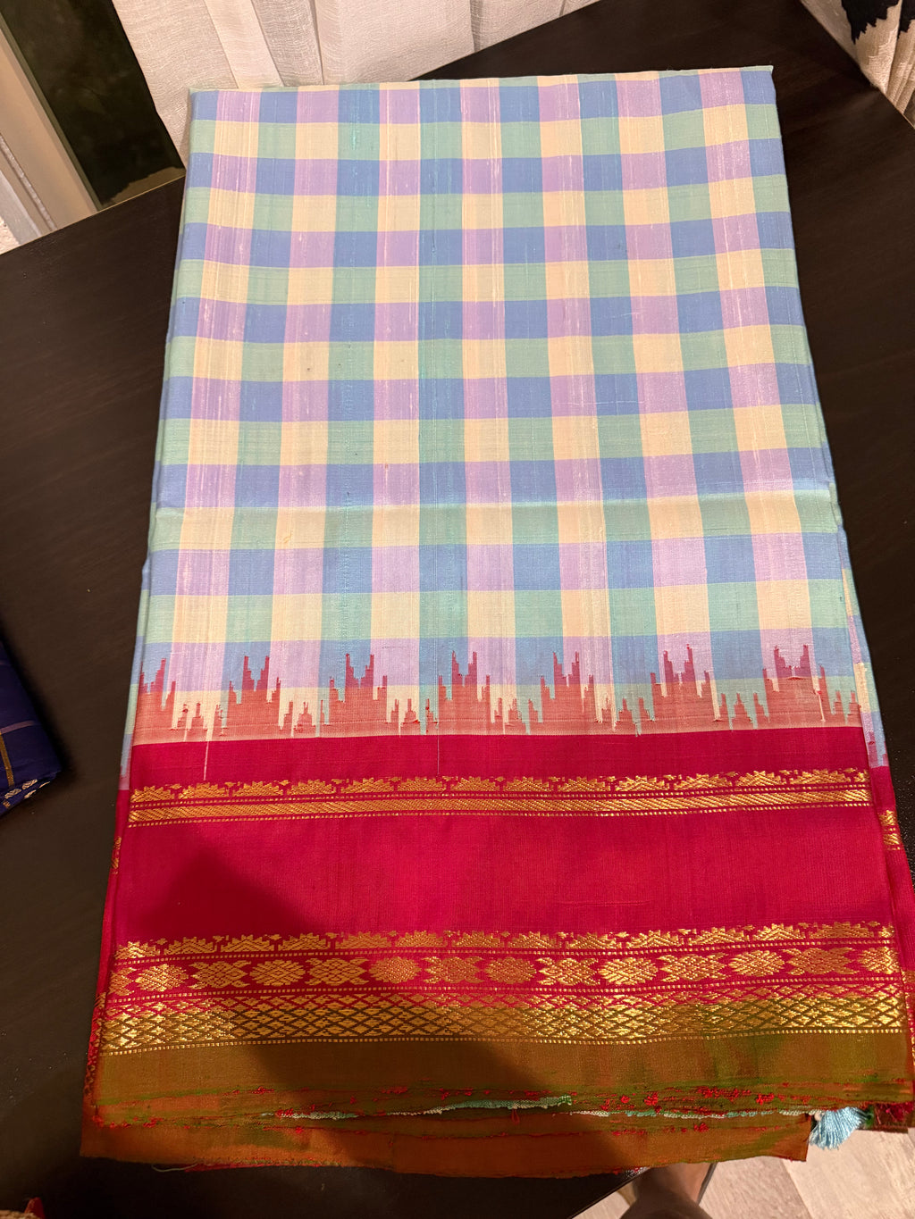 Checks Gadwal Silk Saree with Embroidered Blouse