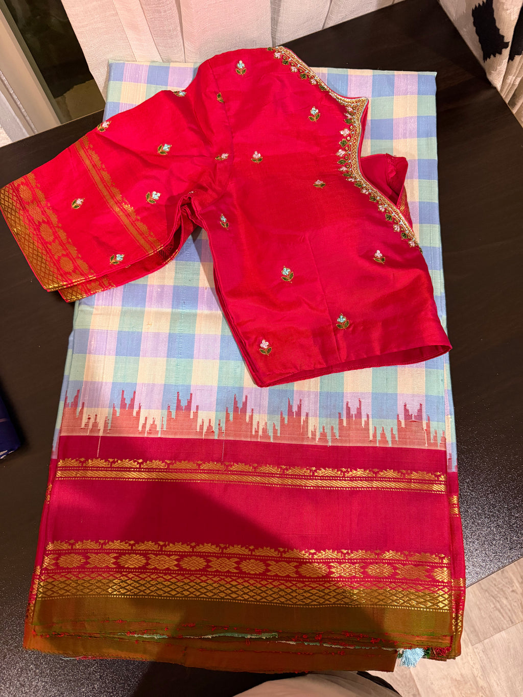 Checks Gadwal Silk Saree with Embroidered Blouse