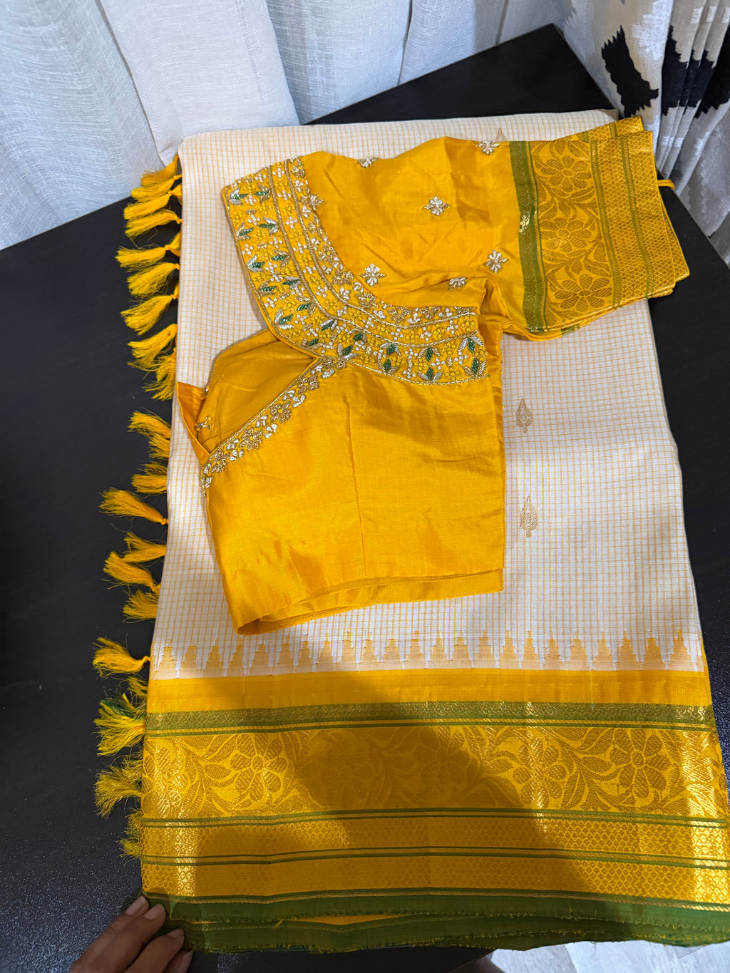 White and Yellow Gadwal Saree with embroidered blouse