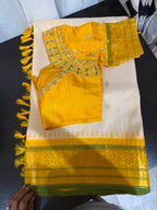 White and Yellow Gadwal Saree with embroidered blouse