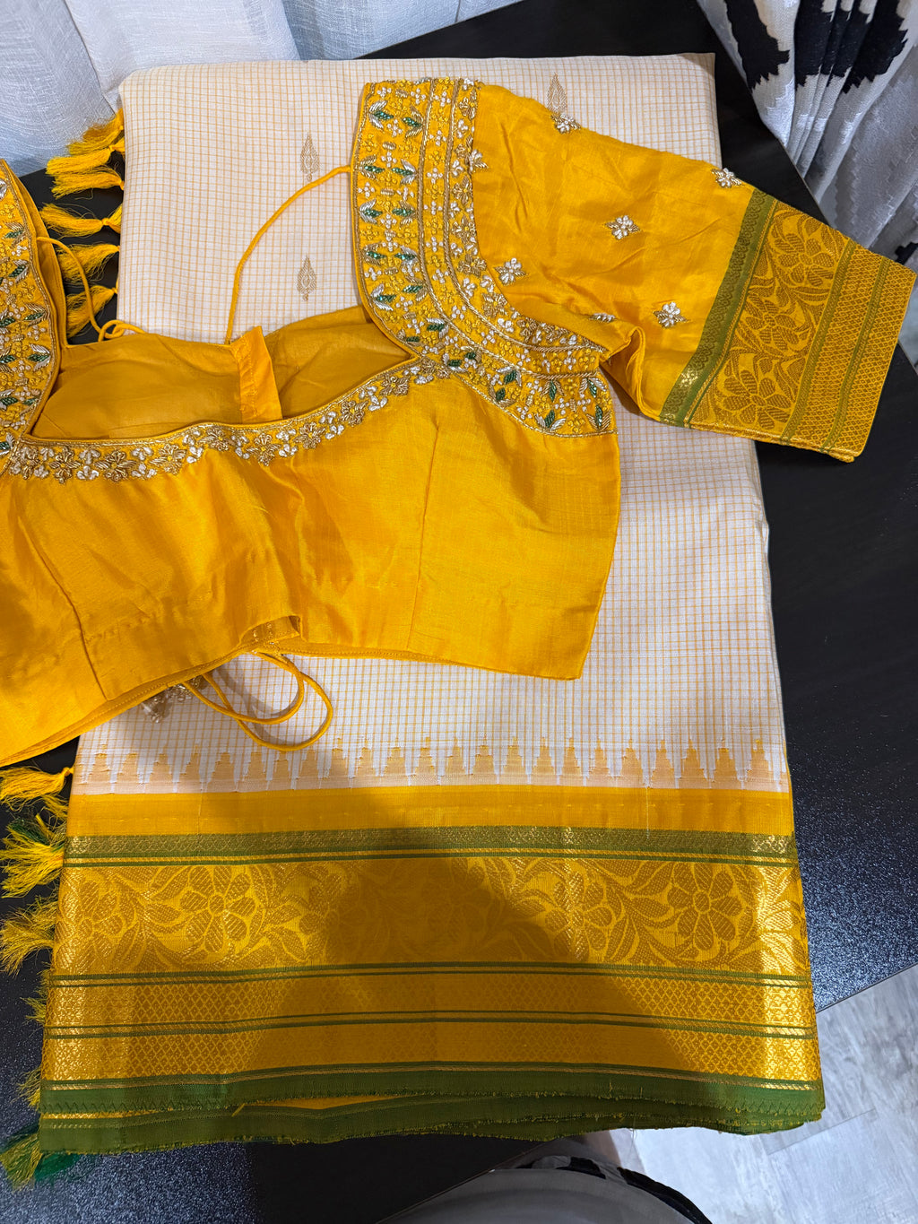 White and Yellow Gadwal Saree with embroidered blouse