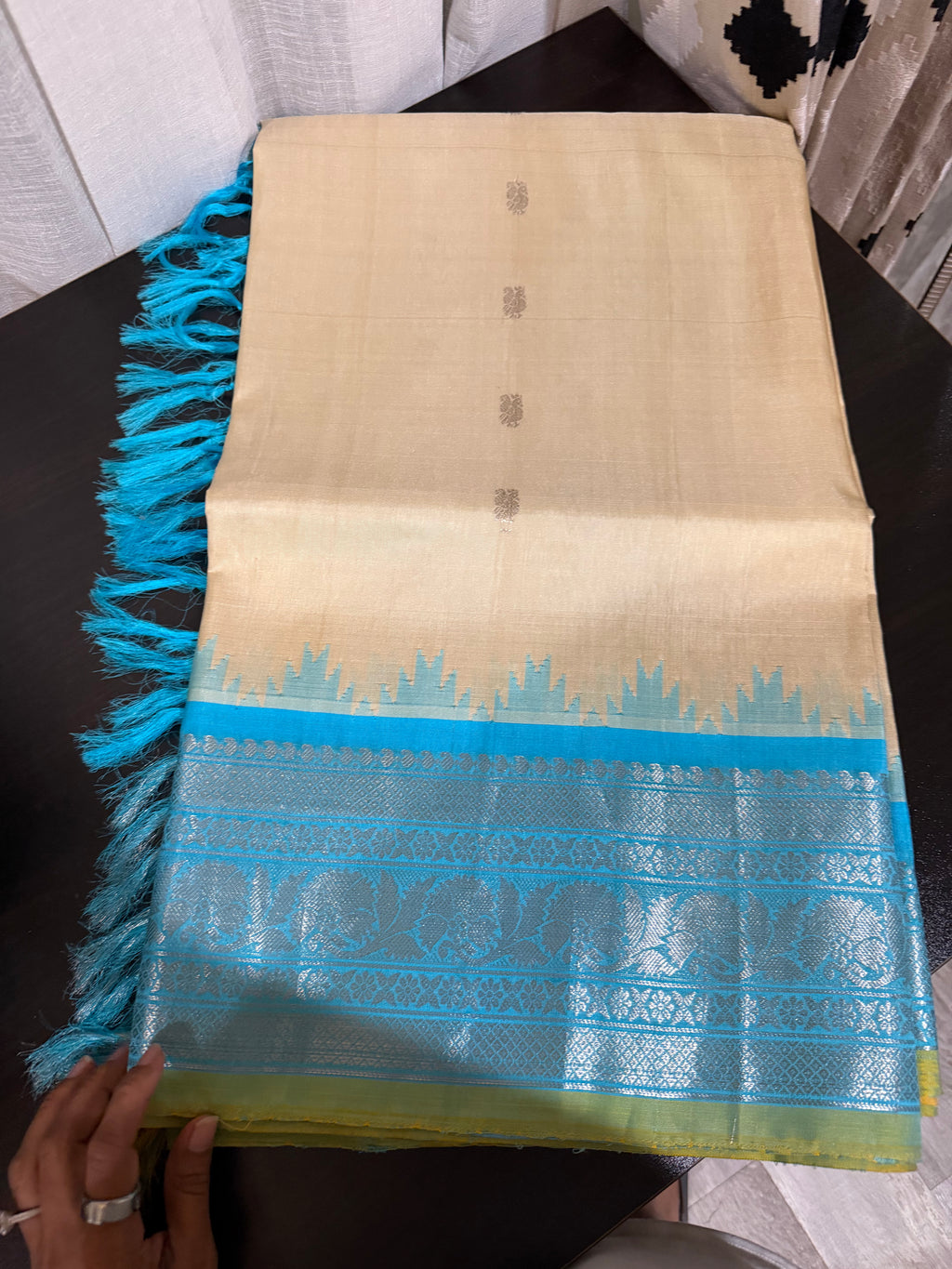 Off-White & Baby Blue Gadwal Silk Saree with Embroidered Blouse