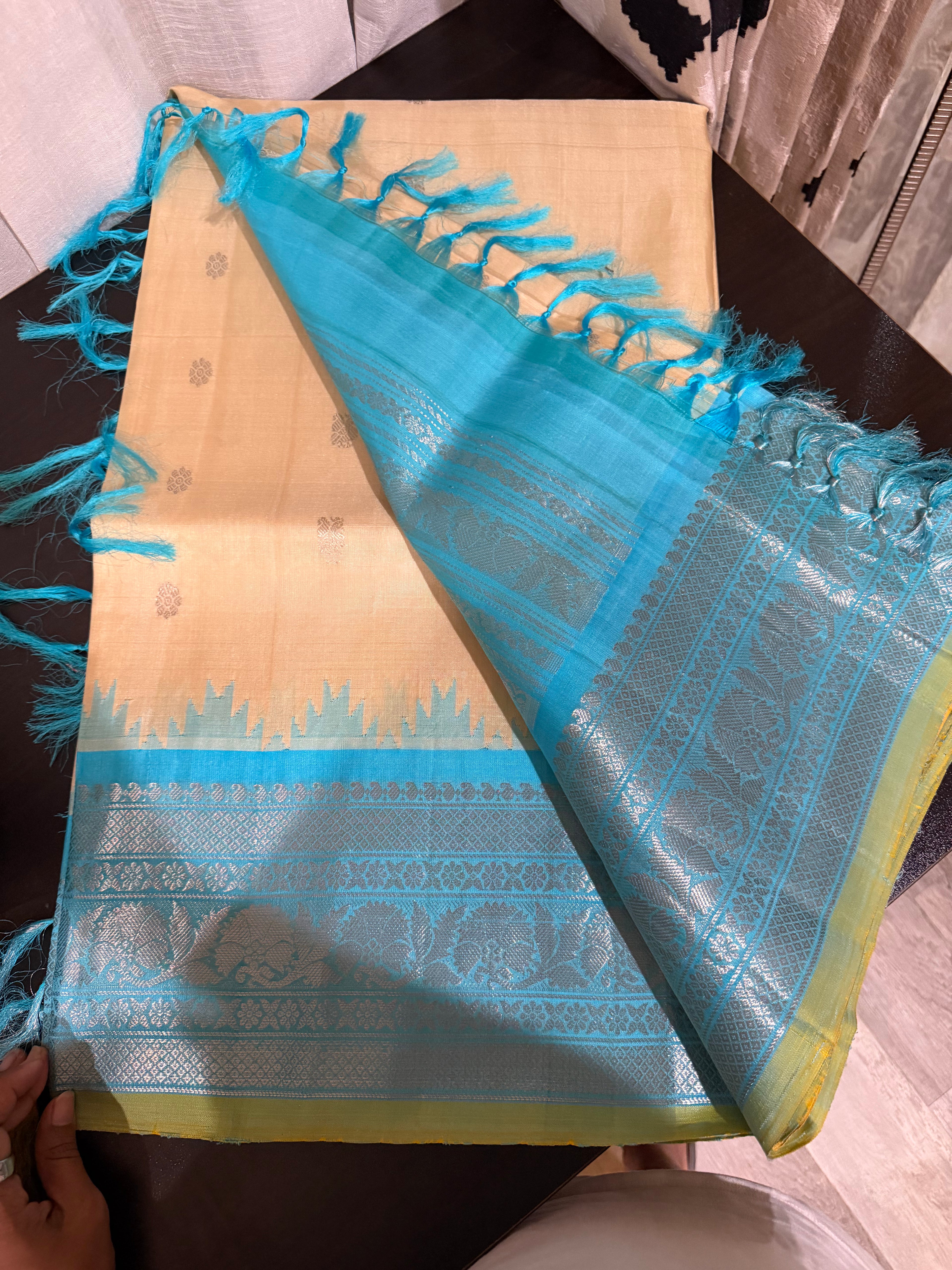 Off-White & Baby Blue Gadwal Silk Saree with Embroidered Blouse