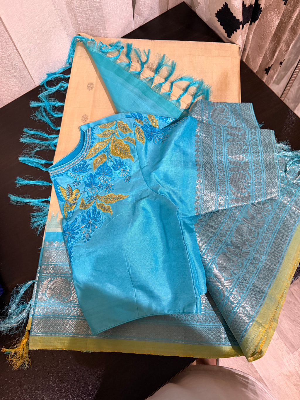 Off-White & Baby Blue Gadwal Silk Saree with Embroidered Blouse