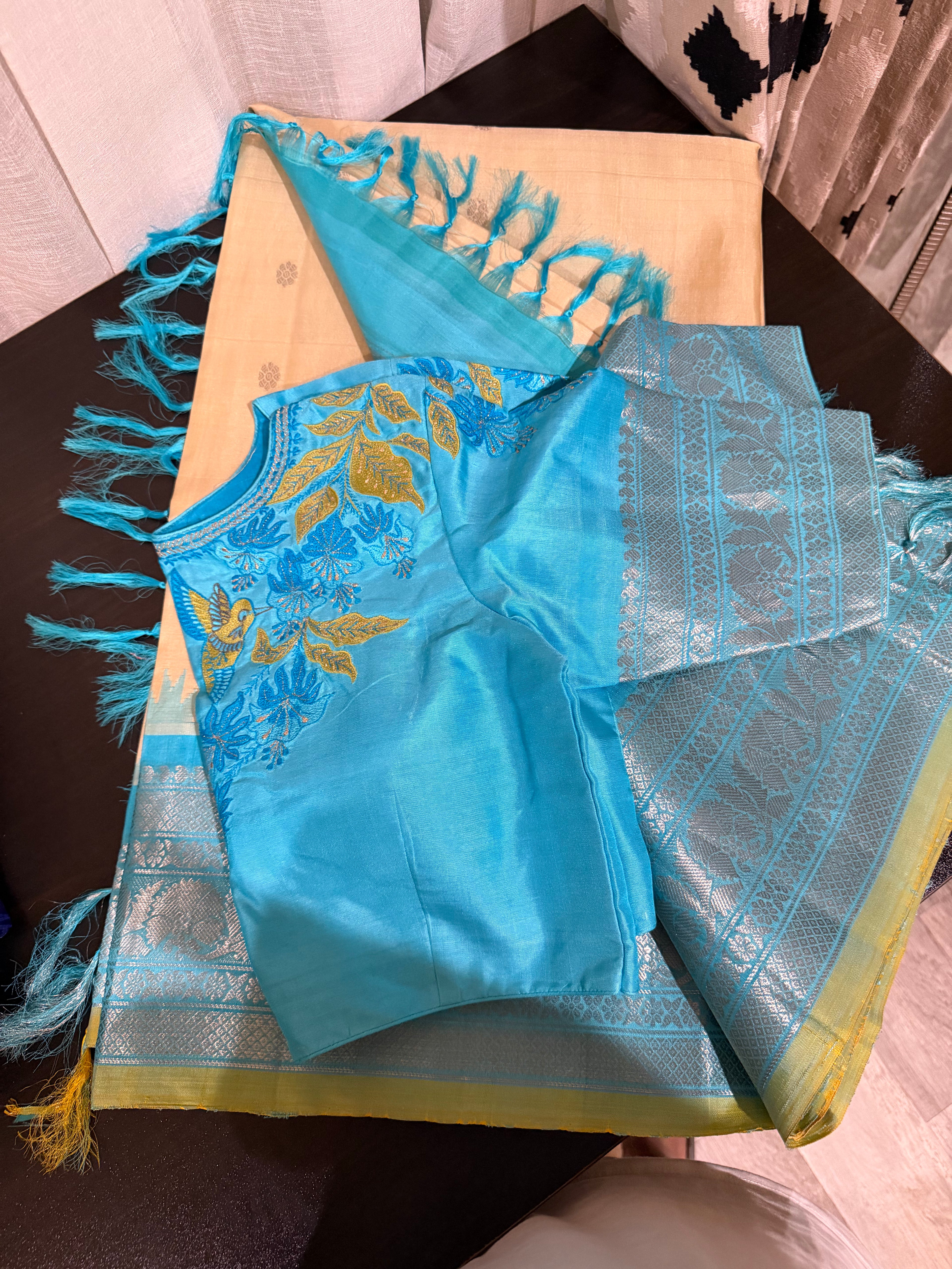 Off-White & Baby Blue Gadwal Silk Saree with Embroidered Blouse