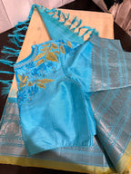 Off-White & Baby Blue Gadwal Silk Saree with Embroidered Blouse