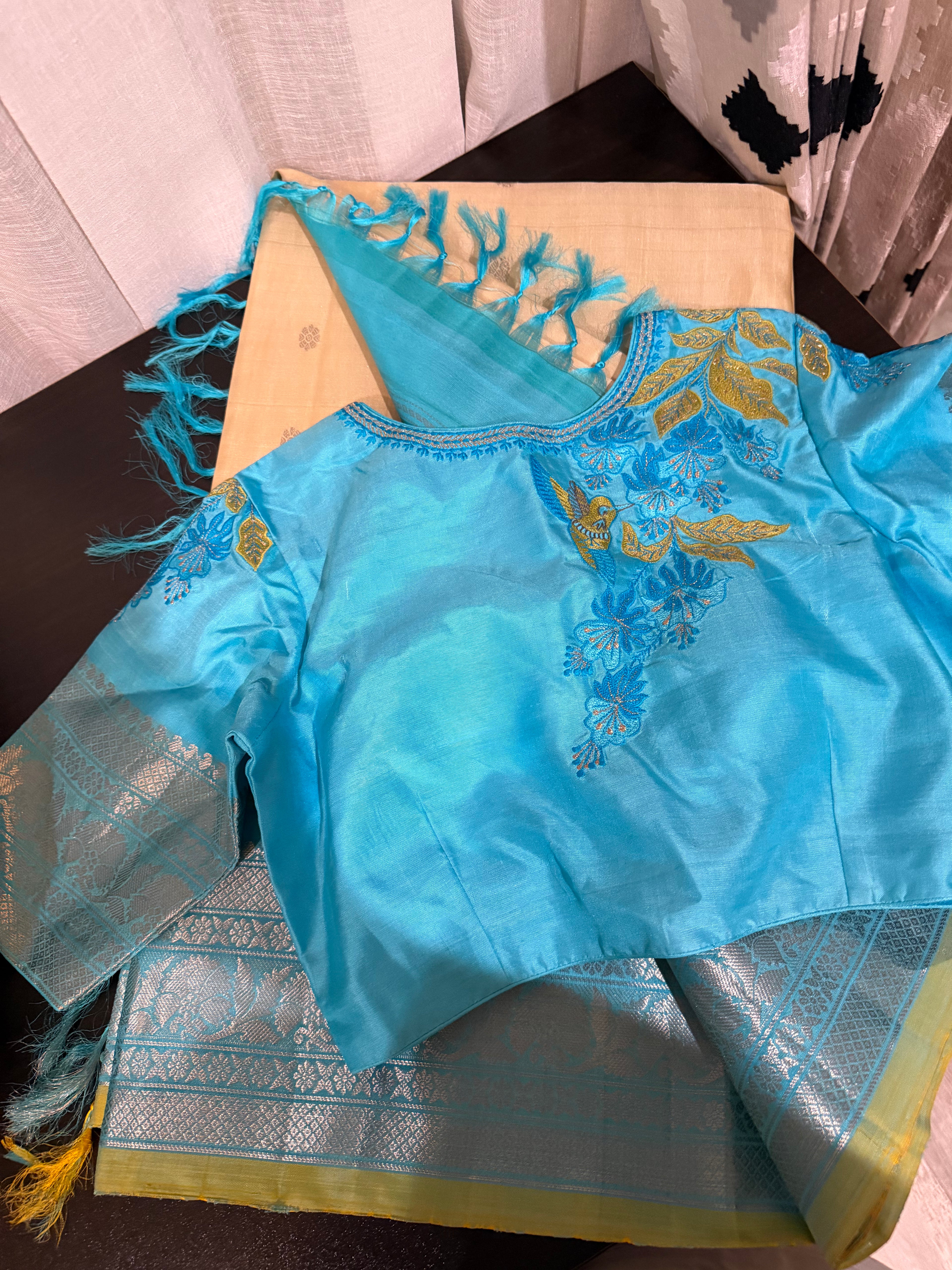 Off-White & Baby Blue Gadwal Silk Saree with Embroidered Blouse
