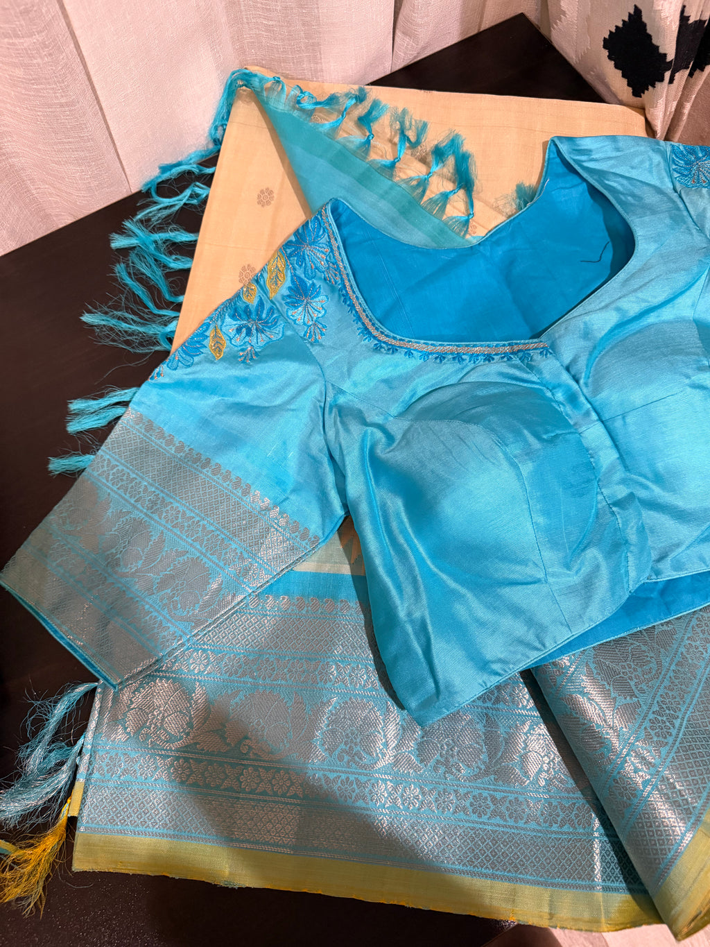 Off-White & Baby Blue Gadwal Silk Saree with Embroidered Blouse