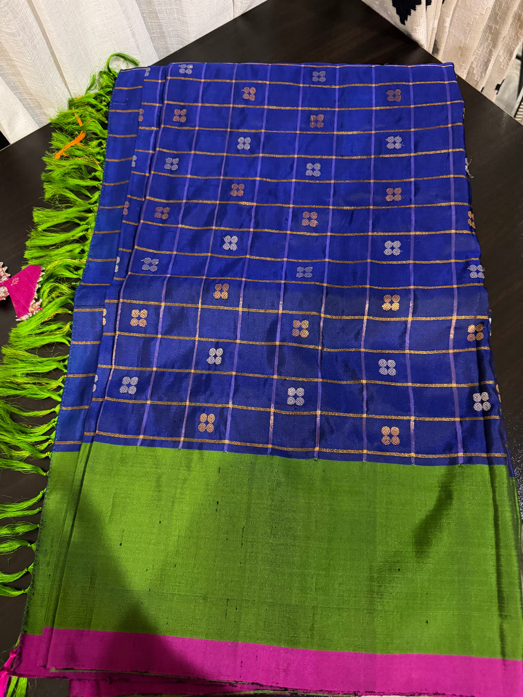 Green & Magenta Gadwal Silk Saree with Embroidered Blouse
