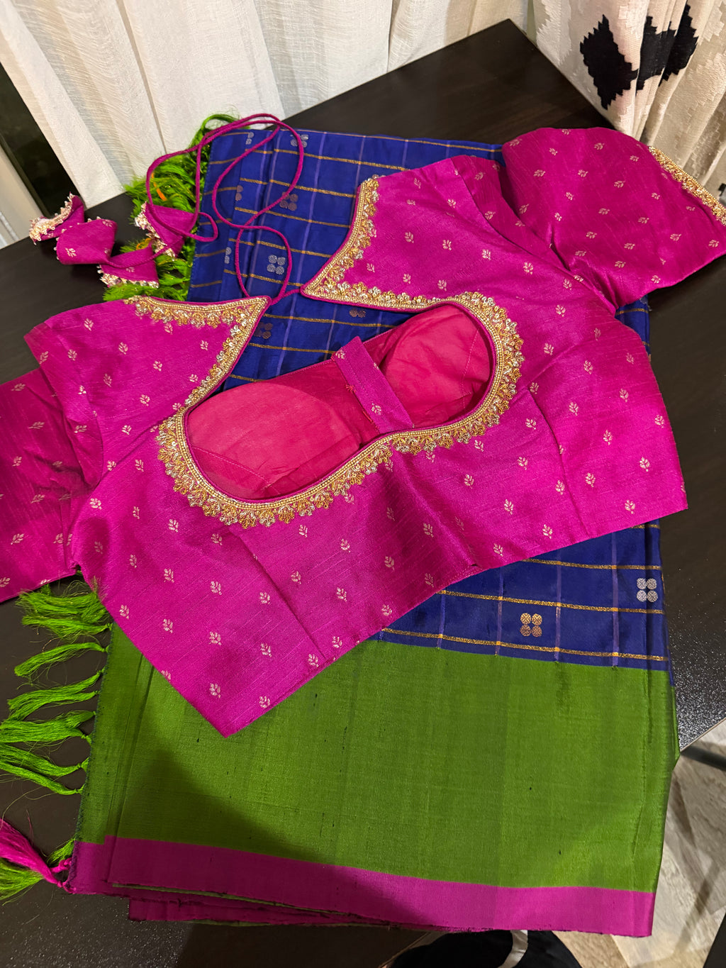 Green & Magenta Gadwal Silk Saree with Embroidered Blouse