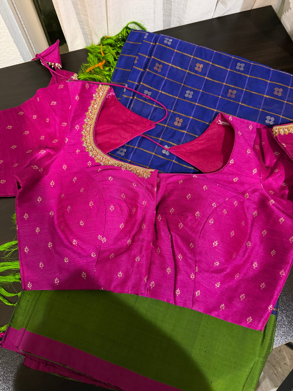 Green & Magenta Gadwal Silk Saree with Embroidered Blouse