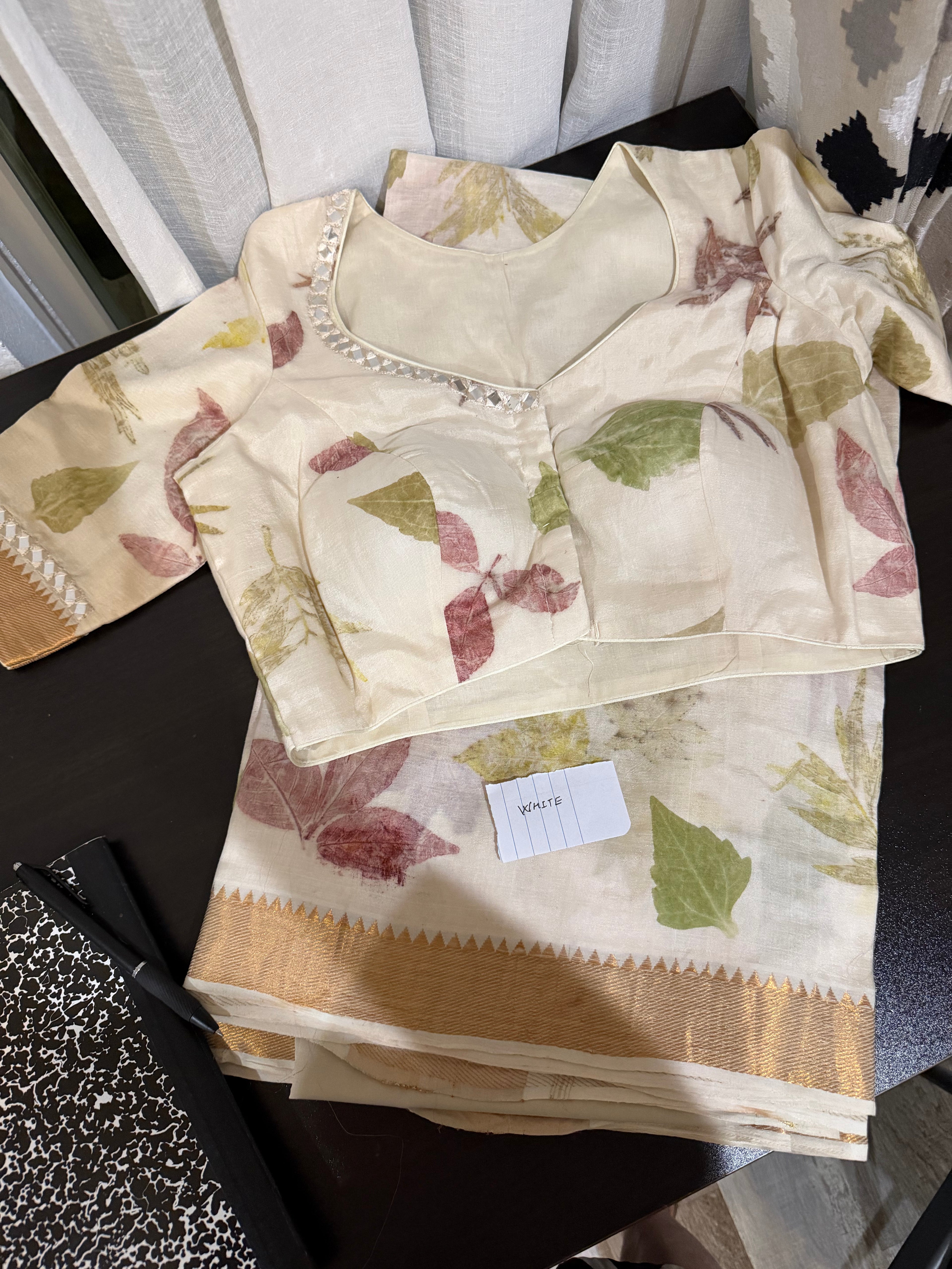 Mangalagiri Silk Saree with Natural Eco Print & Mirror Work Blouse - White