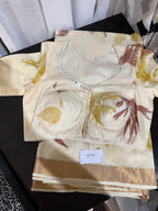 Mangalagiri Silk Saree with Natural Eco Print & Mirror Work Blouse - Beige
