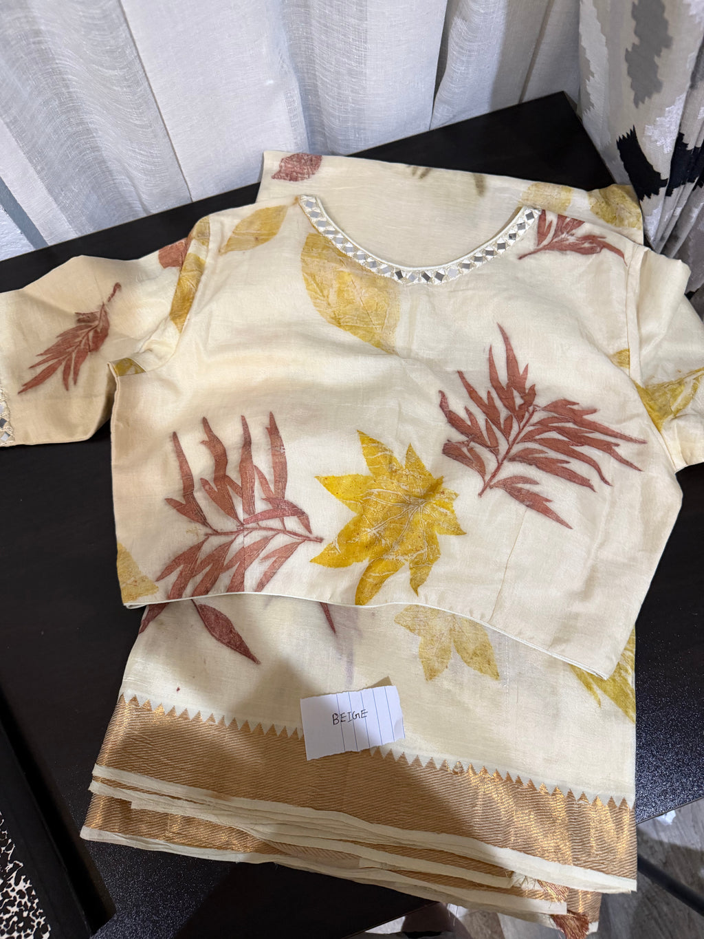 Mangalagiri Silk Saree with Natural Eco Print & Mirror Work Blouse - Beige