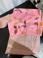 Mangalagiri Silk Saree with Natural Eco Print & Mirror Work Blouse - Pink