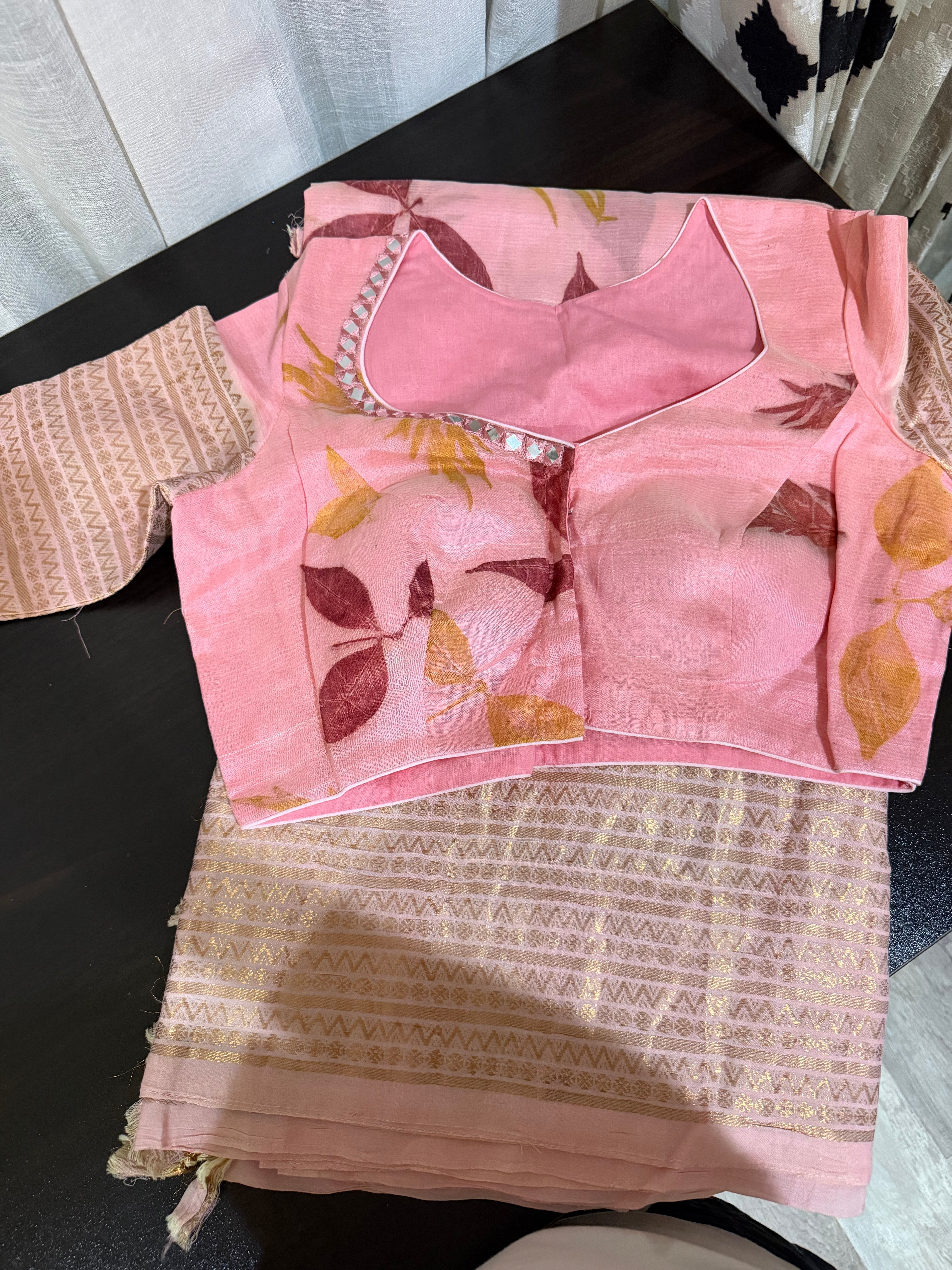 Mangalagiri Silk Saree with Natural Eco Print & Mirror Work Blouse - Pink