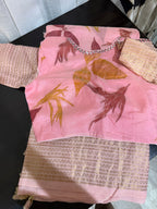Mangalagiri Silk Saree with Natural Eco Print & Mirror Work Blouse - Pink
