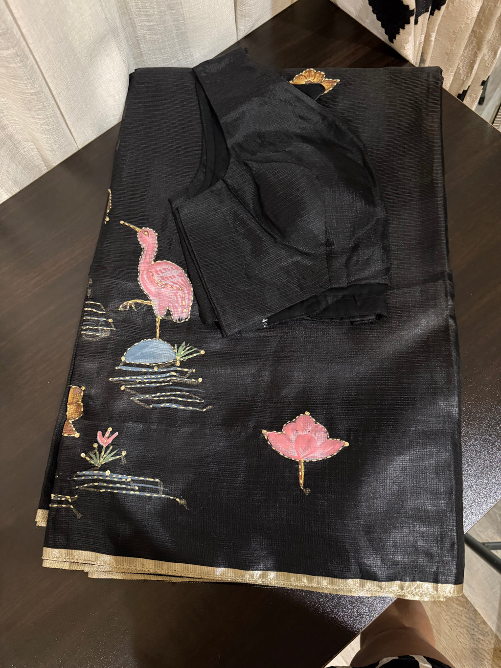 Tussar Kota Saree with Hand-Stitched Appliqué Work