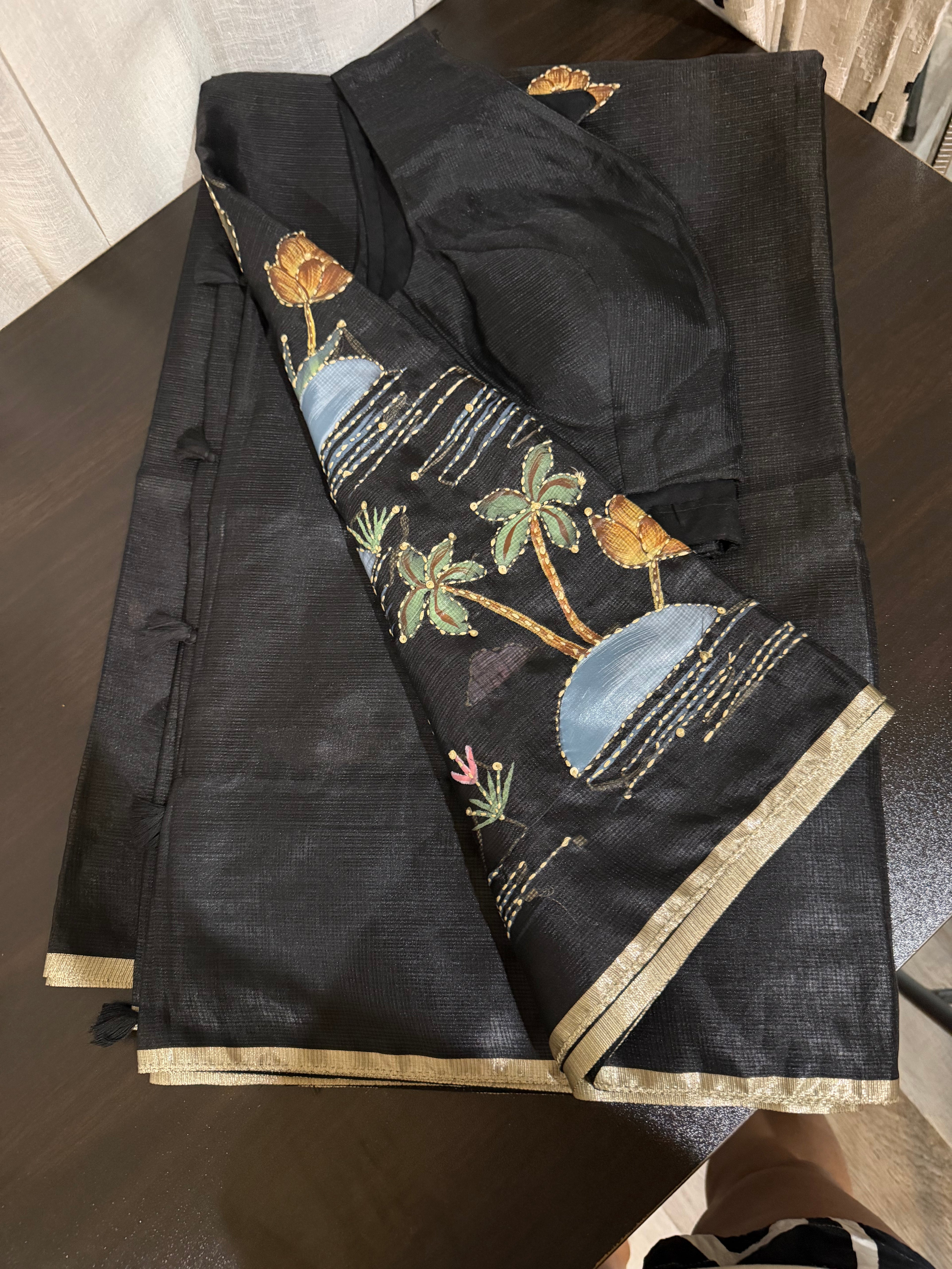 Tussar Kota Saree with Hand-Stitched Appliqué Work