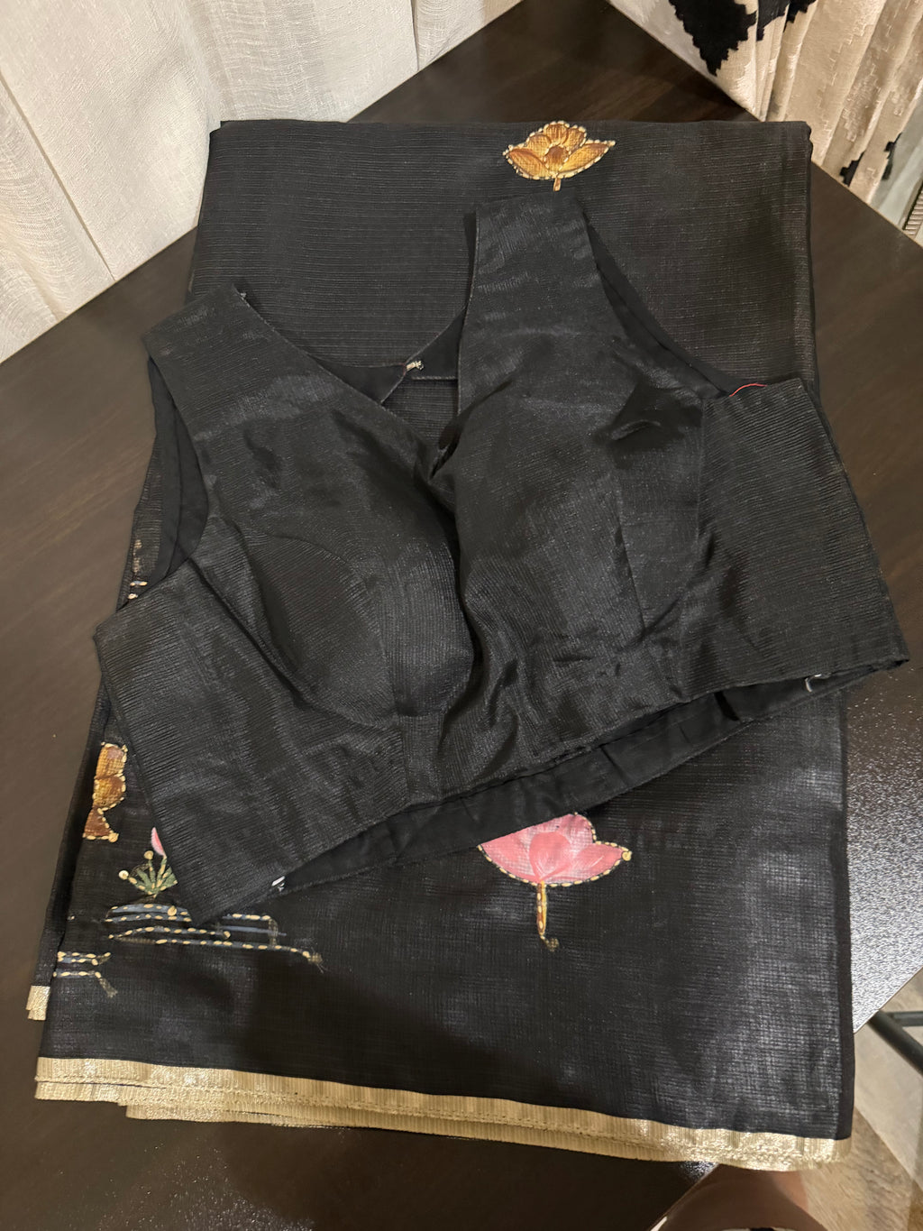 Tussar Kota Saree with Hand-Stitched Appliqué Work