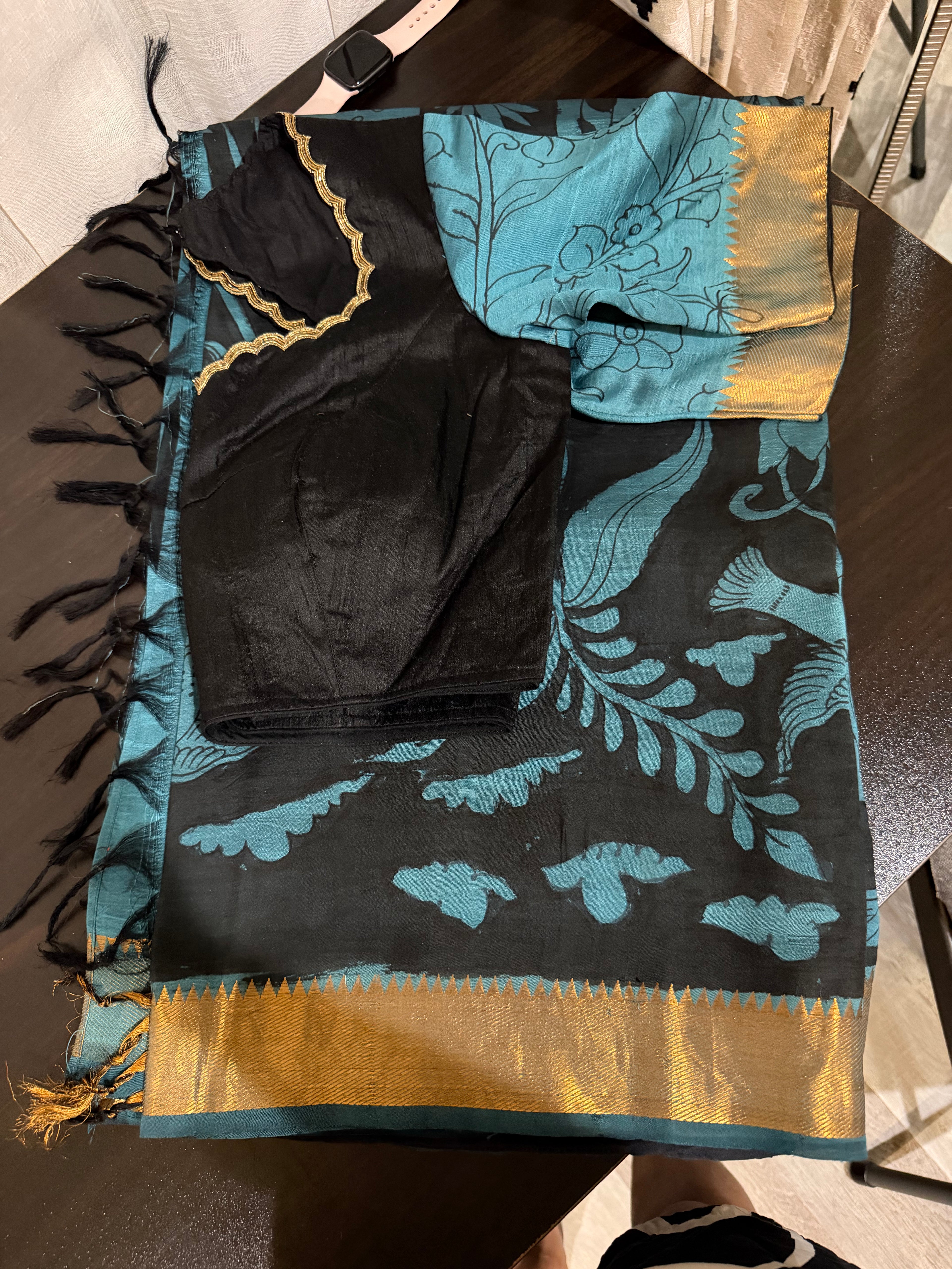 Mangalagiri Silk Saree with Pen Kalamkari & Embroidered Blouse