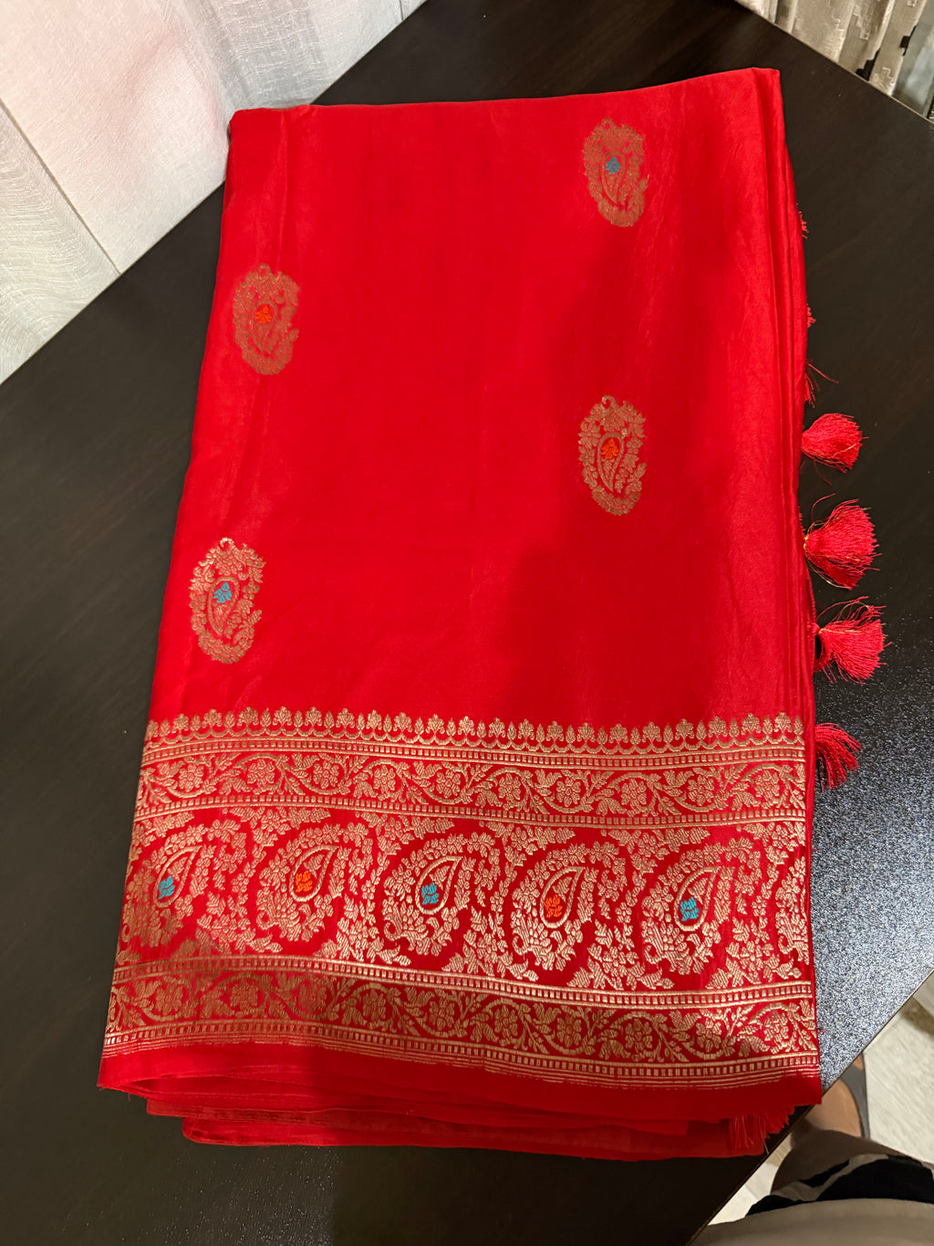 Red Mashru Silk Saree with Embroiderd Blouse